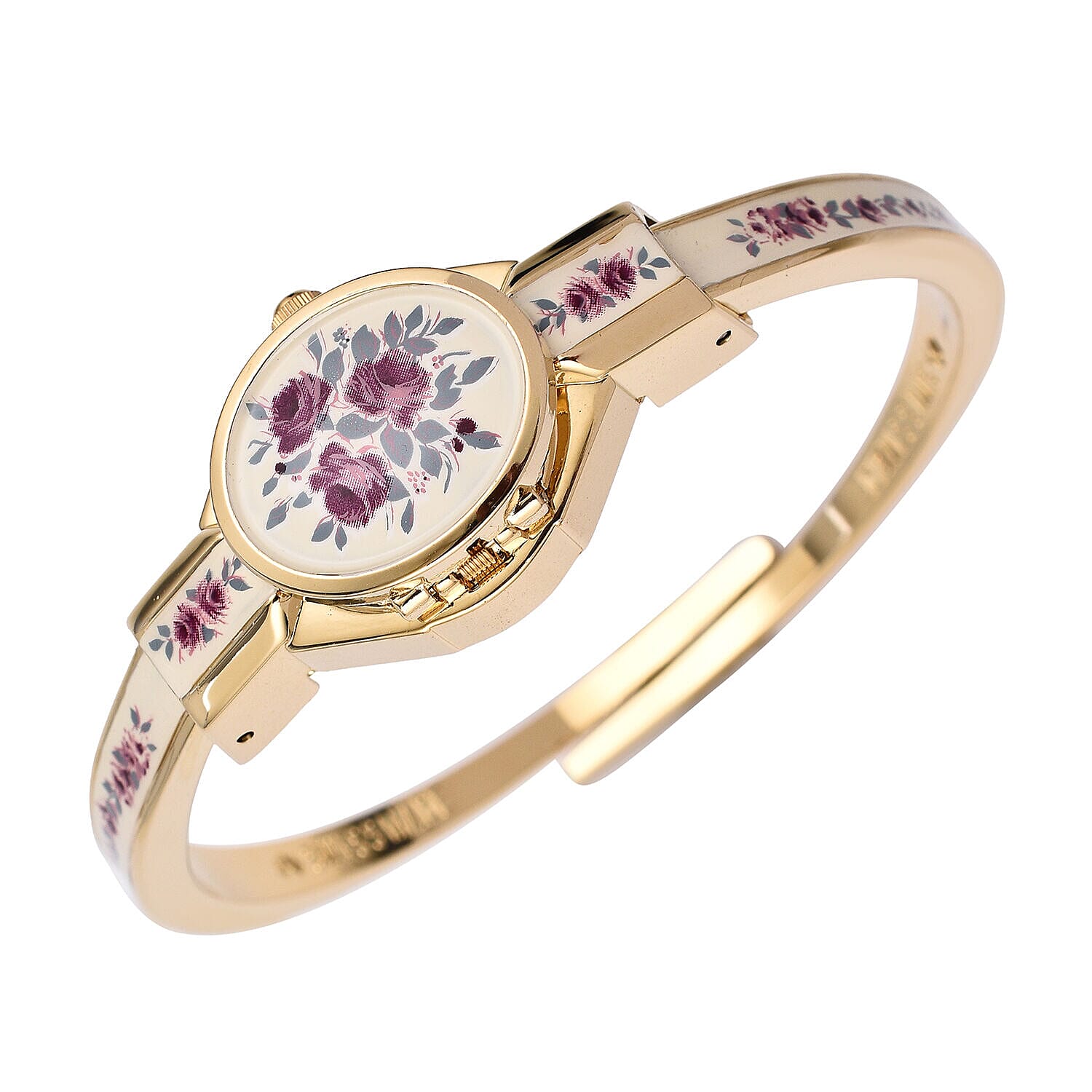 DOD- Andre Mouche -Swiss Ronda Movement Red Floral Pattern Ladies Bangle Watch (Size 6 - 6.5)