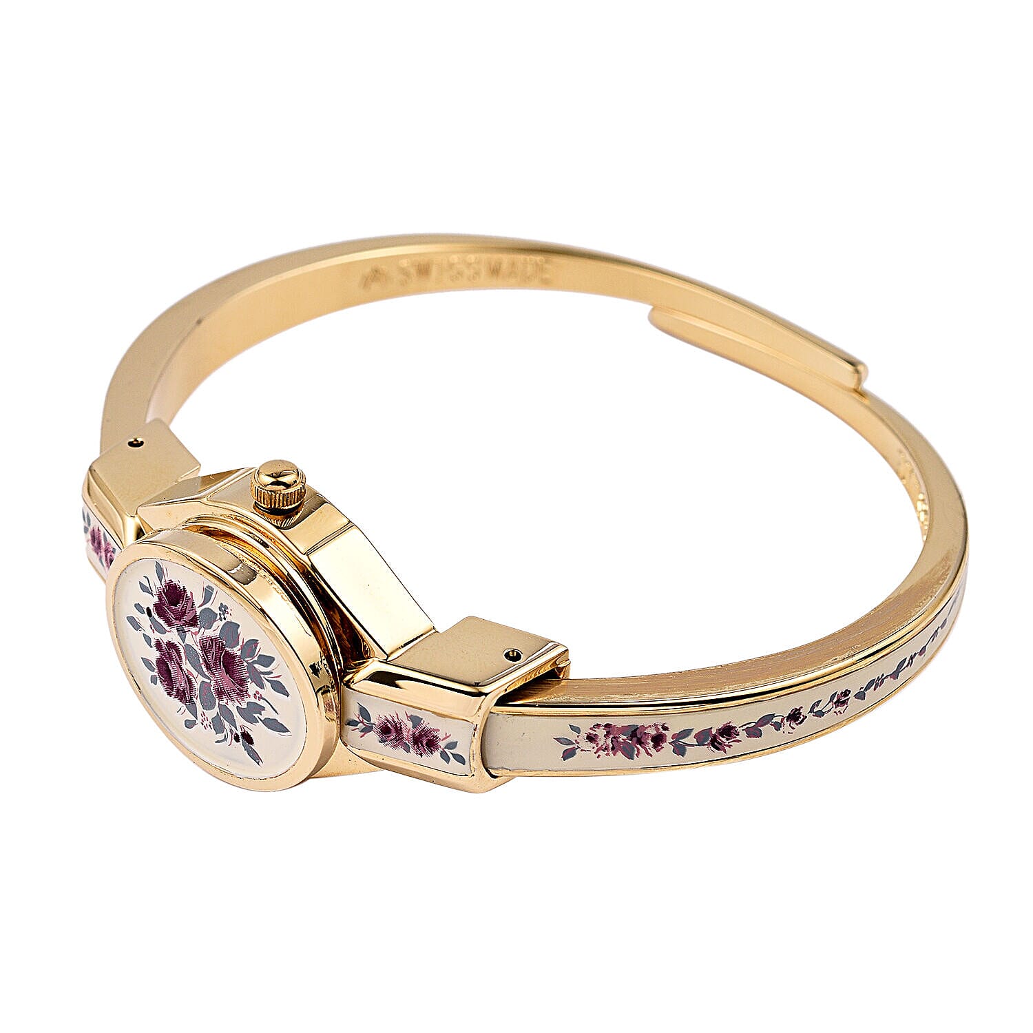 DOD- Andre Mouche -Swiss Ronda Movement Red Floral Pattern Ladies Bangle Watch (Size 6 - 6.5)