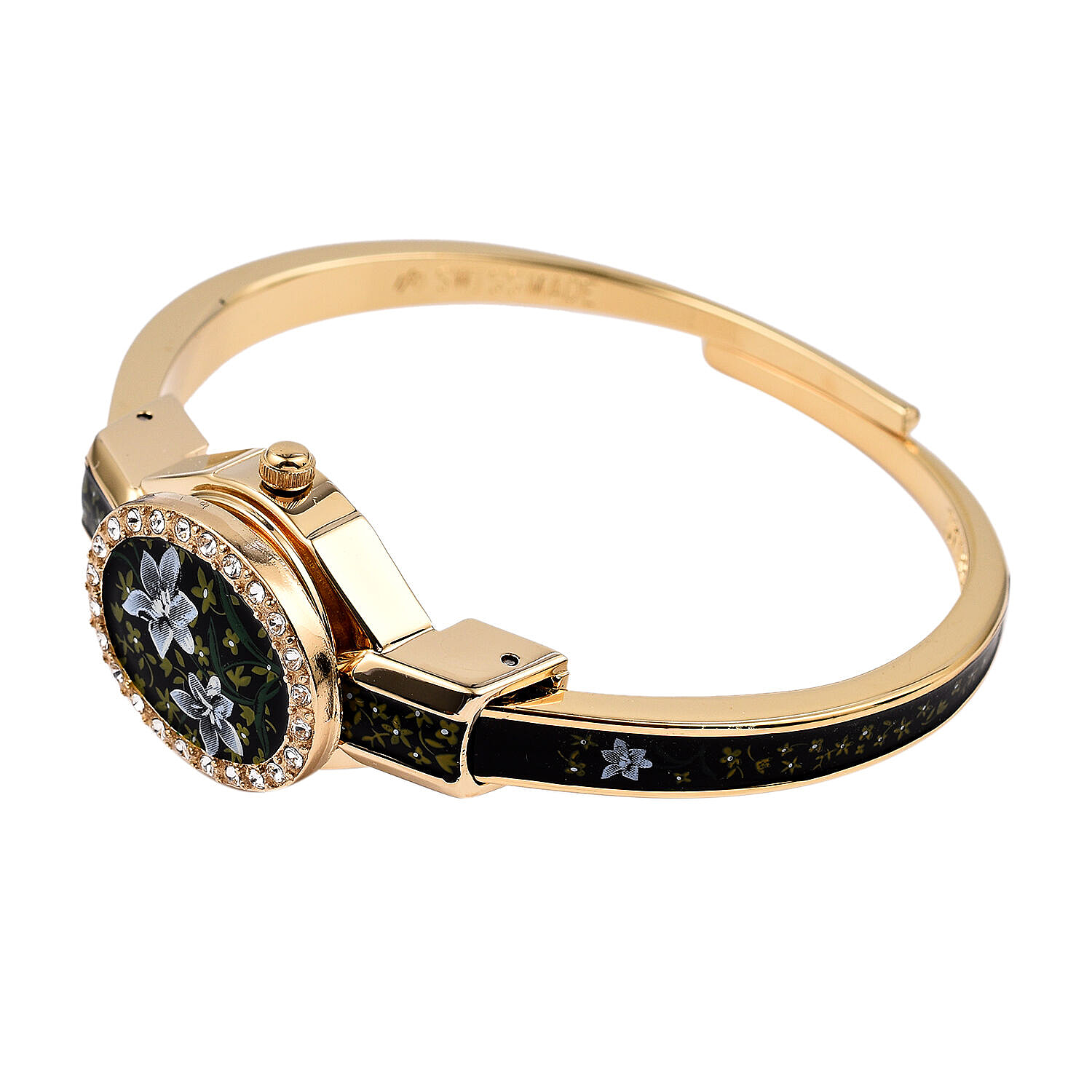 Andre Mouche Swiss Ronda Movement White Floral Pattern 18ct Gold Plated  Ladies Bangle Watch (Size 6 - 6.5)