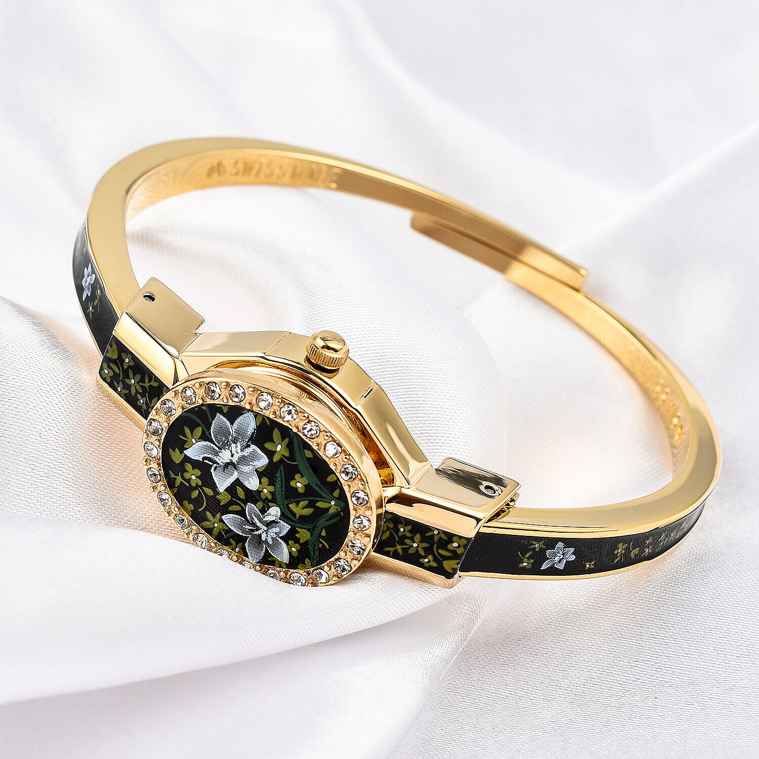 Andre Mouche Swiss Ronda Movement White Floral Pattern18ct Gold Plated Ladies Bangle Watch (Size 7 - 7.5)