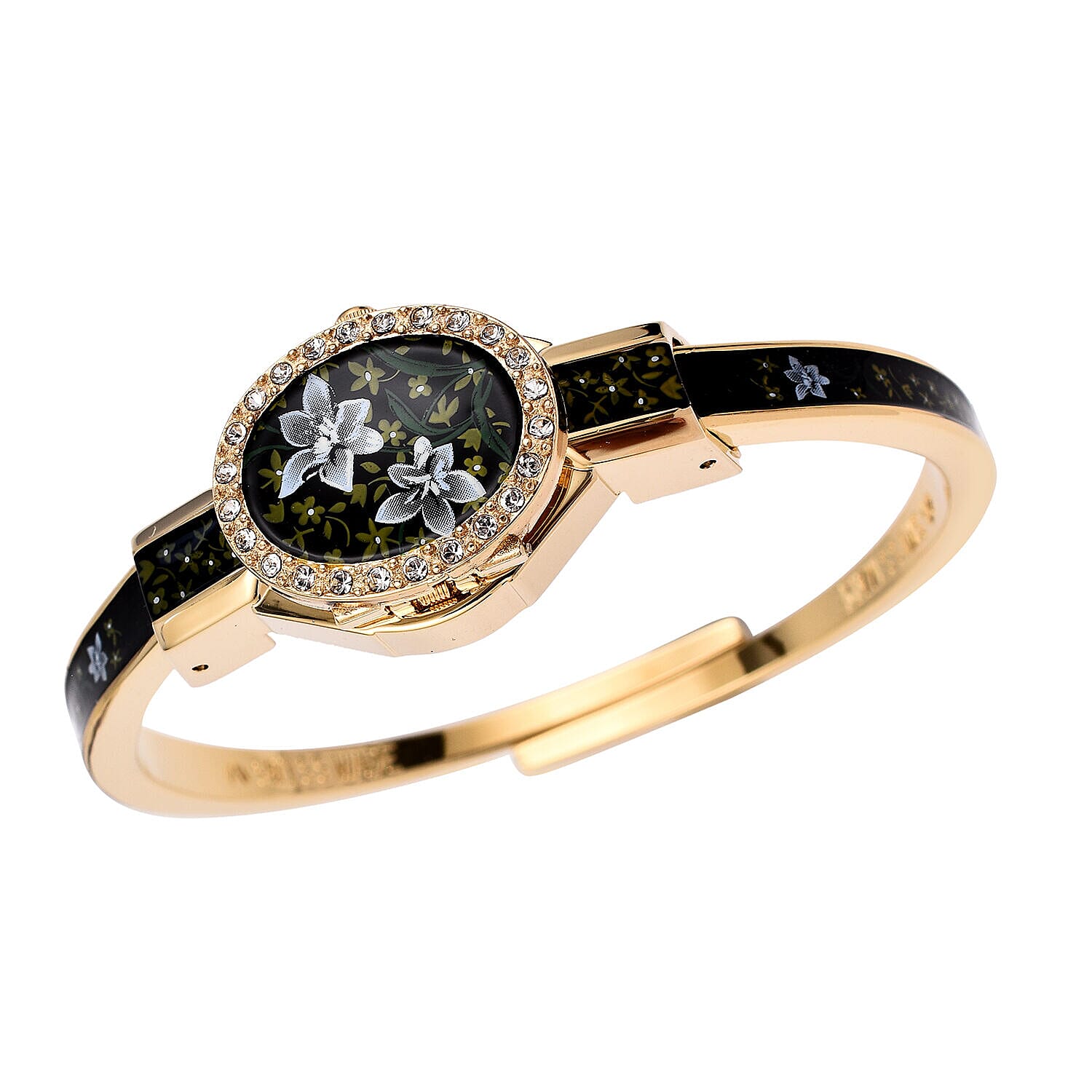 Andre Mouche Swiss Ronda Movement White Floral Pattern18ct Gold Plated Ladies Bangle Watch (Size 7 - 7.5)