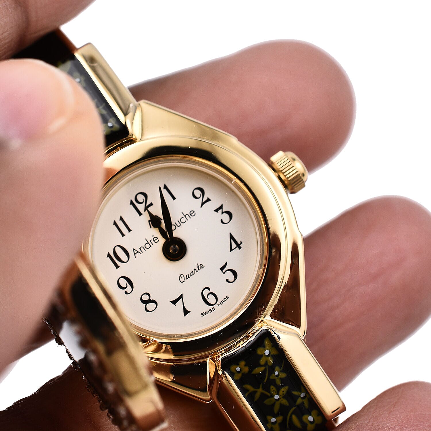 Andre Mouche Swiss Ronda Movement White Floral Pattern18ct Gold Plated Ladies Bangle Watch (Size 7 - 7.5)