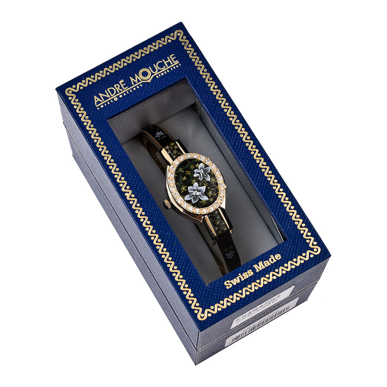 Andre Mouche Swiss Ronda Movement White Floral Pattern18ct Gold Plated Ladies Bangle Watch (Size 7 - 7.5)