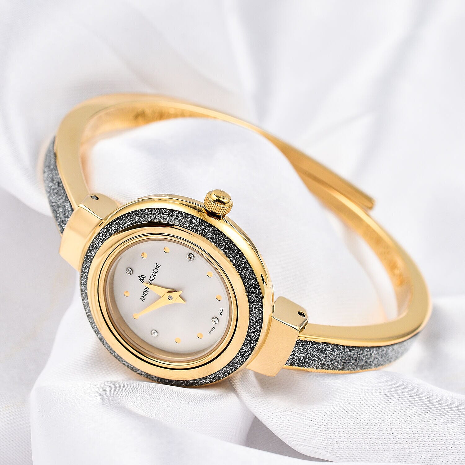 Andre Mouche Swiss Ronda Movt. Aura Gold Silverpearl 18K Gold Plated Ladies Bangle Watch (Size 7 - 7.5) in Two Tone