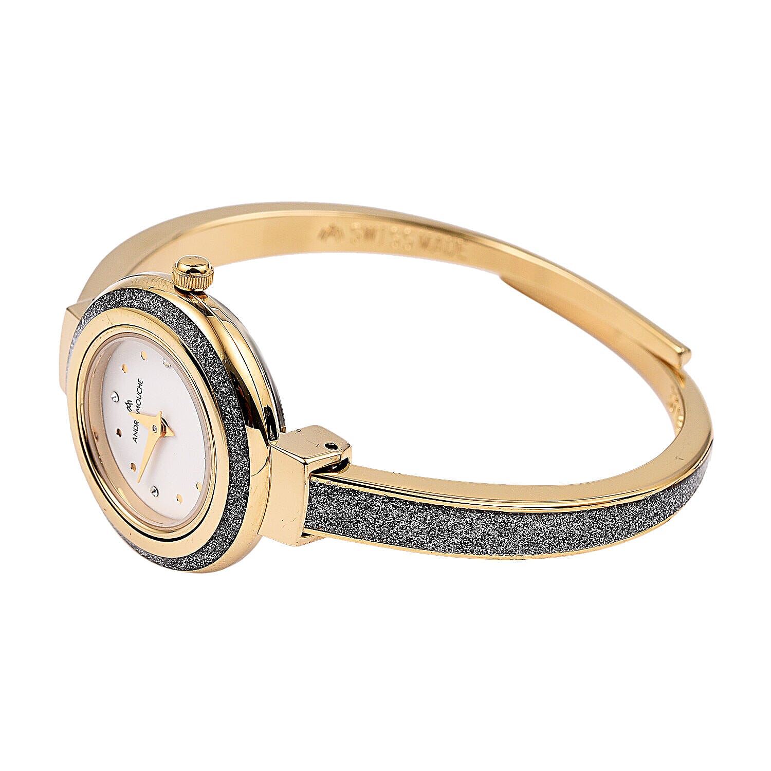 Andre Mouche Swiss Ronda Movt. Aura Gold Silverpearl 18K Gold Plated Ladies Bangle Watch (Size 7 - 7.5) in Two Tone