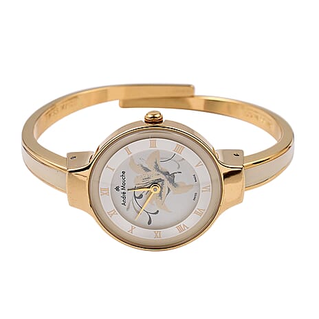 Andre Mouche Swiss Ronda Movt. The Gracia Gold White 18K Gold Plated Ladies Bangle Watch (Size 6 - 6.5) in Gold Tone