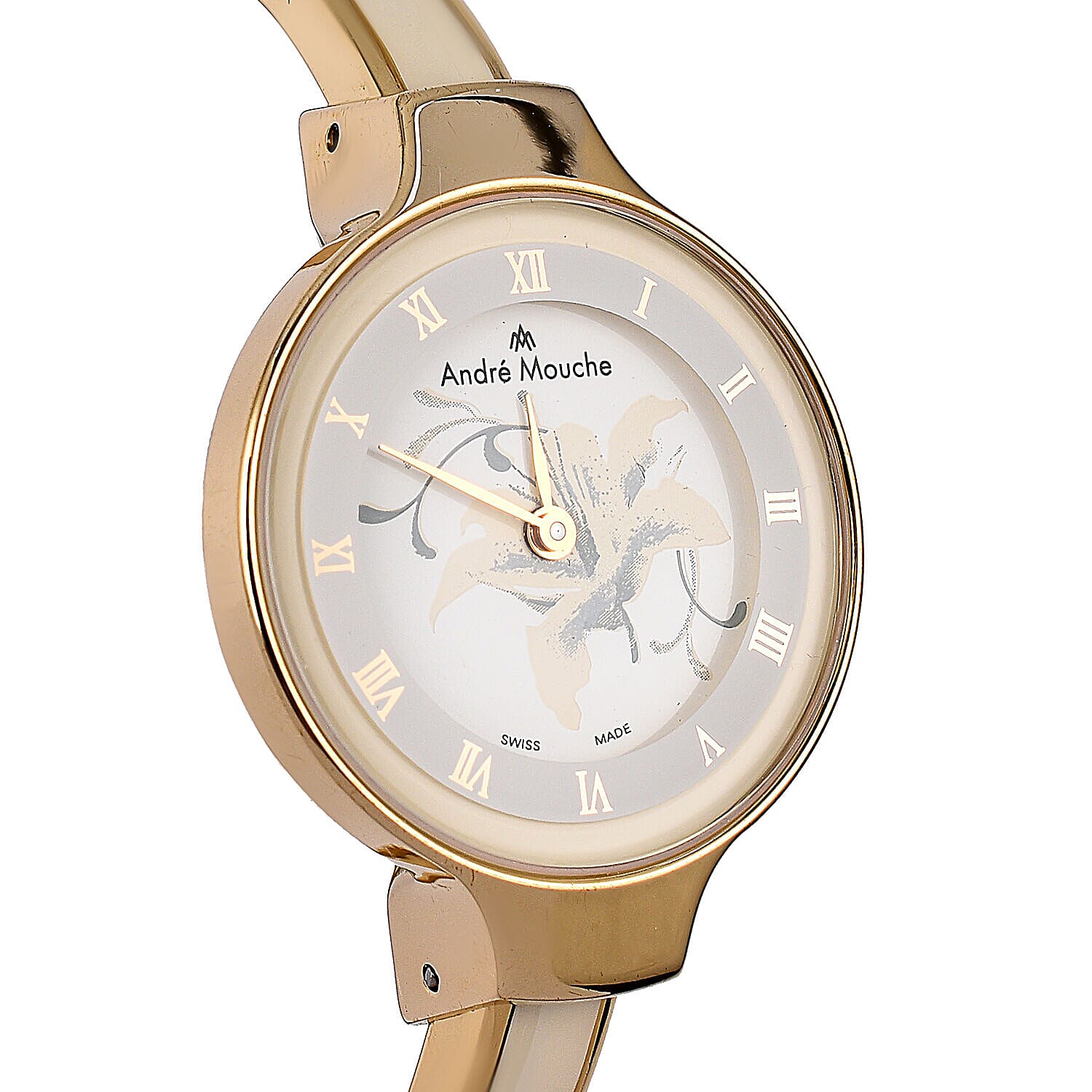 Andre Mouche Swiss Ronda Movt. The Gracia Gold White 18K Gold Plated Ladies Bangle Watch (Size 6 - 6.5) in Gold Tone