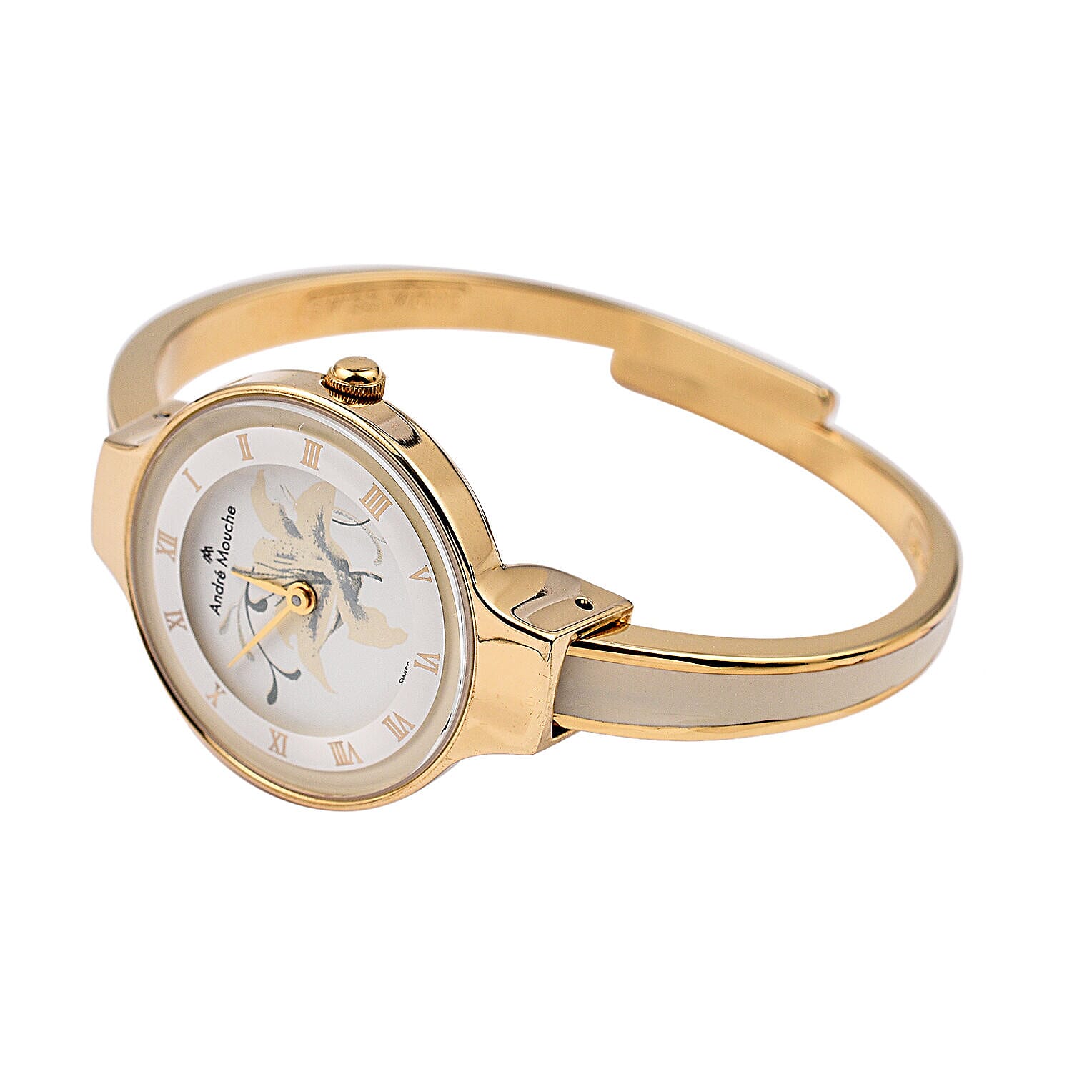 Andre Mouche Swiss Ronda Movt. The Gracia Gold White 18K Gold Plated Ladies Bangle Watch (Size 6 - 6.5) in Gold Tone