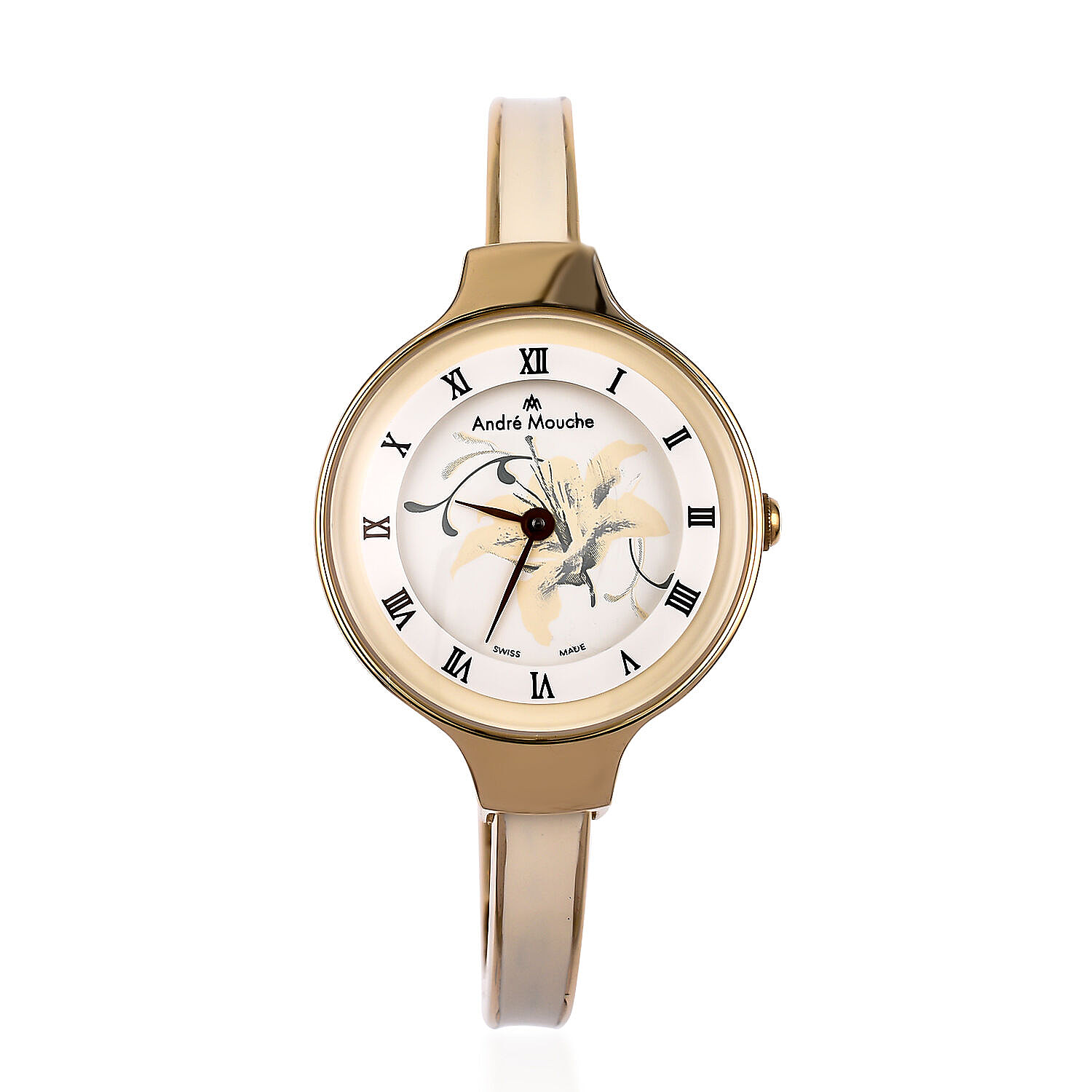 DOD - Andre Mouche Swiss Ronda Movement The Gracia Gold White 18ct Gold  Plated Ladies Bangle Watch (Size 7 - 7.5) in Gold Tone