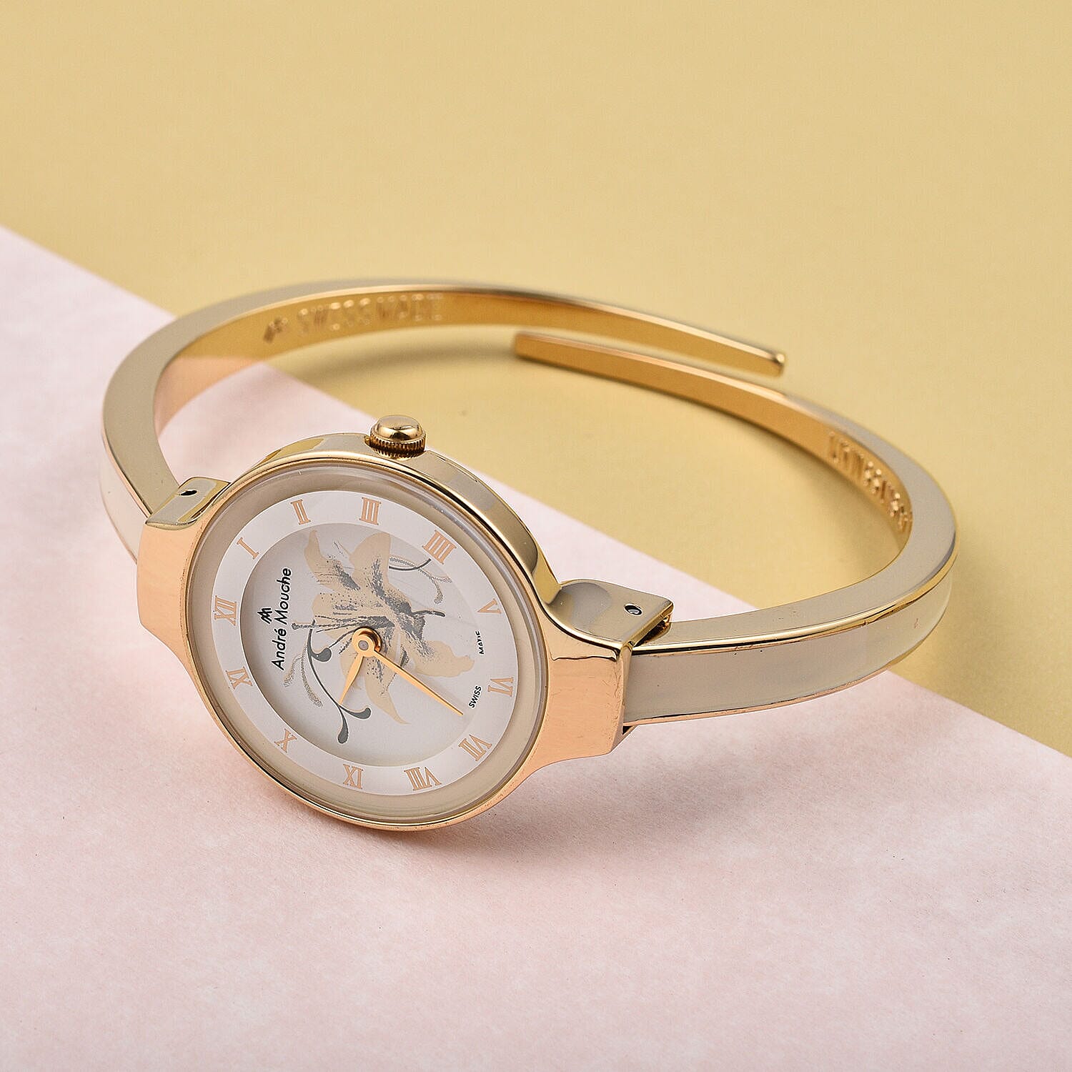 Andre Mouche Swiss Ronda Movt. White Dial 18K Gold Plated Ladies Bangle Watch (Size 7 - 7.5) in Gold Tone