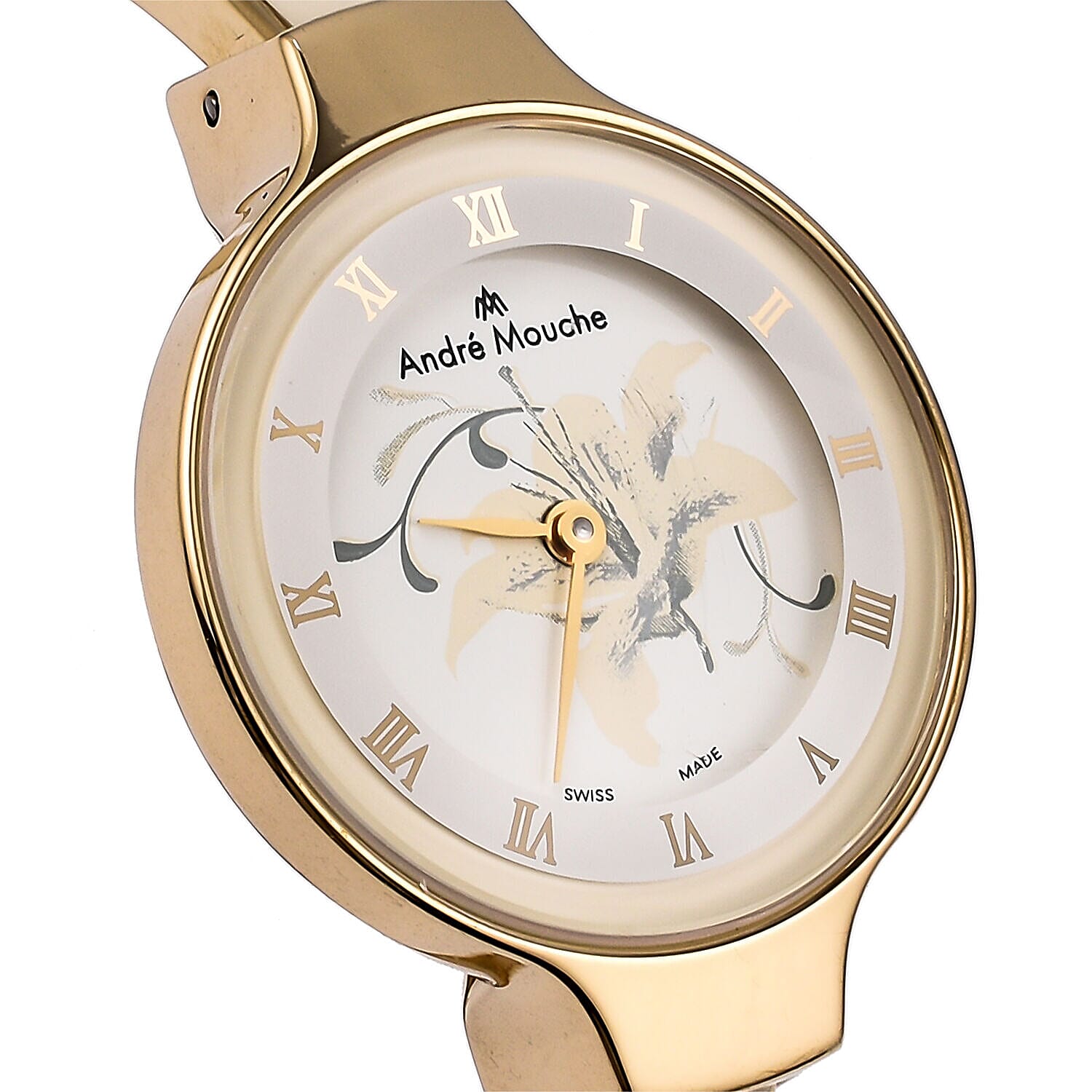 Andre Mouche Swiss Ronda Movt. White Dial 18K Gold Plated Ladies Bangle Watch (Size 7 - 7.5) in Gold Tone