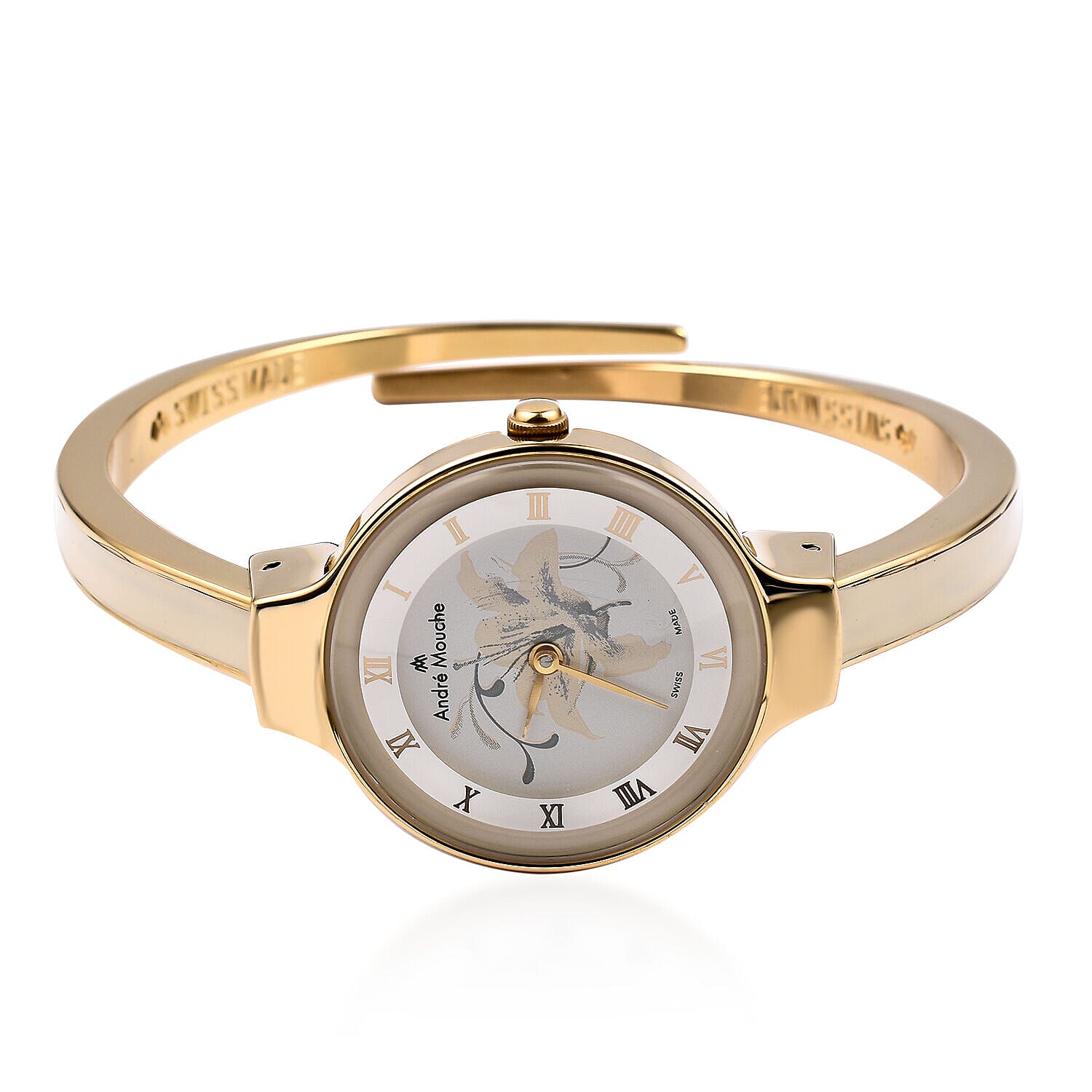 Andre Mouche Swiss Ronda Movt. White Dial 18K Gold Plated Ladies Bangle Watch (Size 7 - 7.5) in Gold Tone