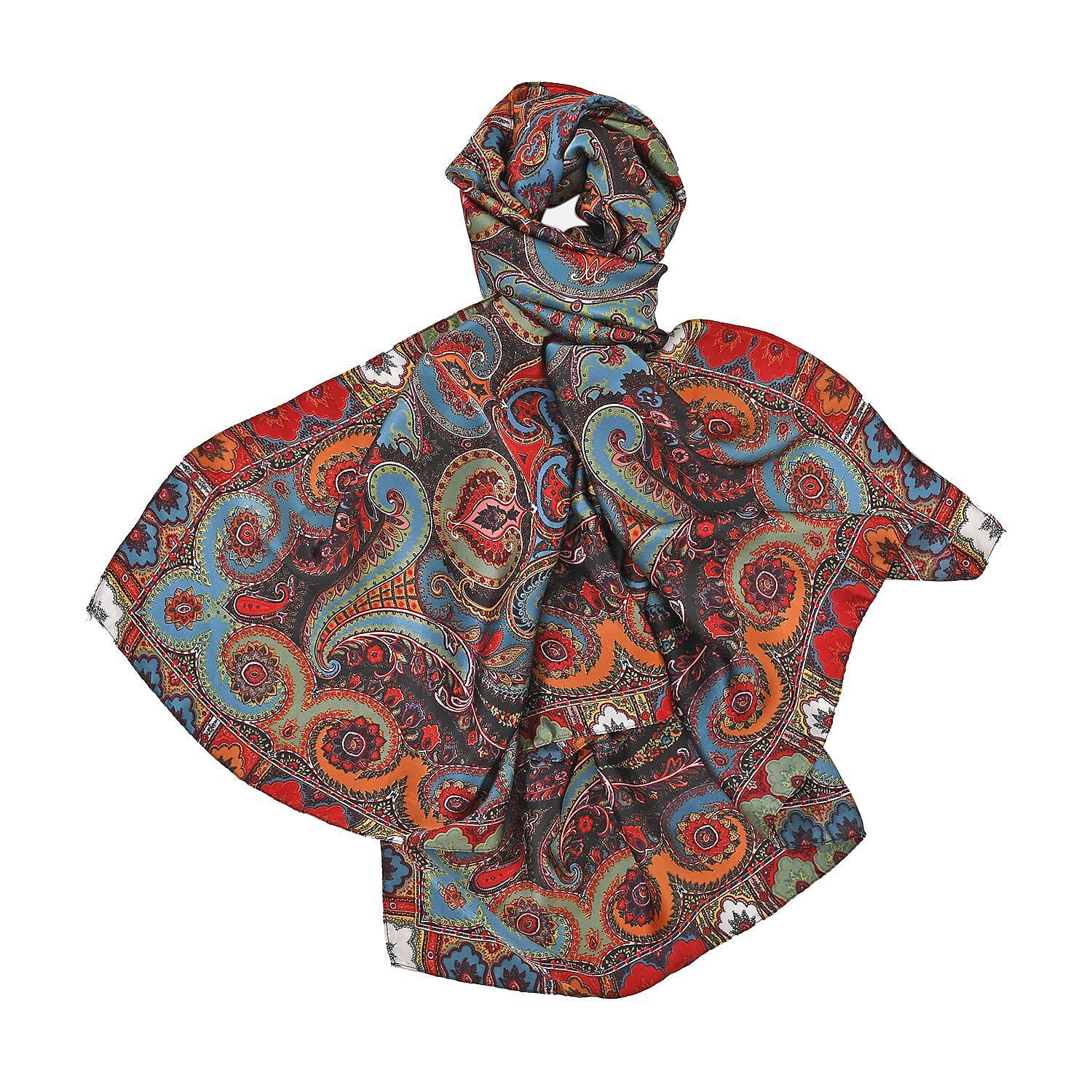 Super Soft Satin Bohemian Scarf with Nut Pattern (Size 180x85 cm) - Teal Blue, Red and Multi