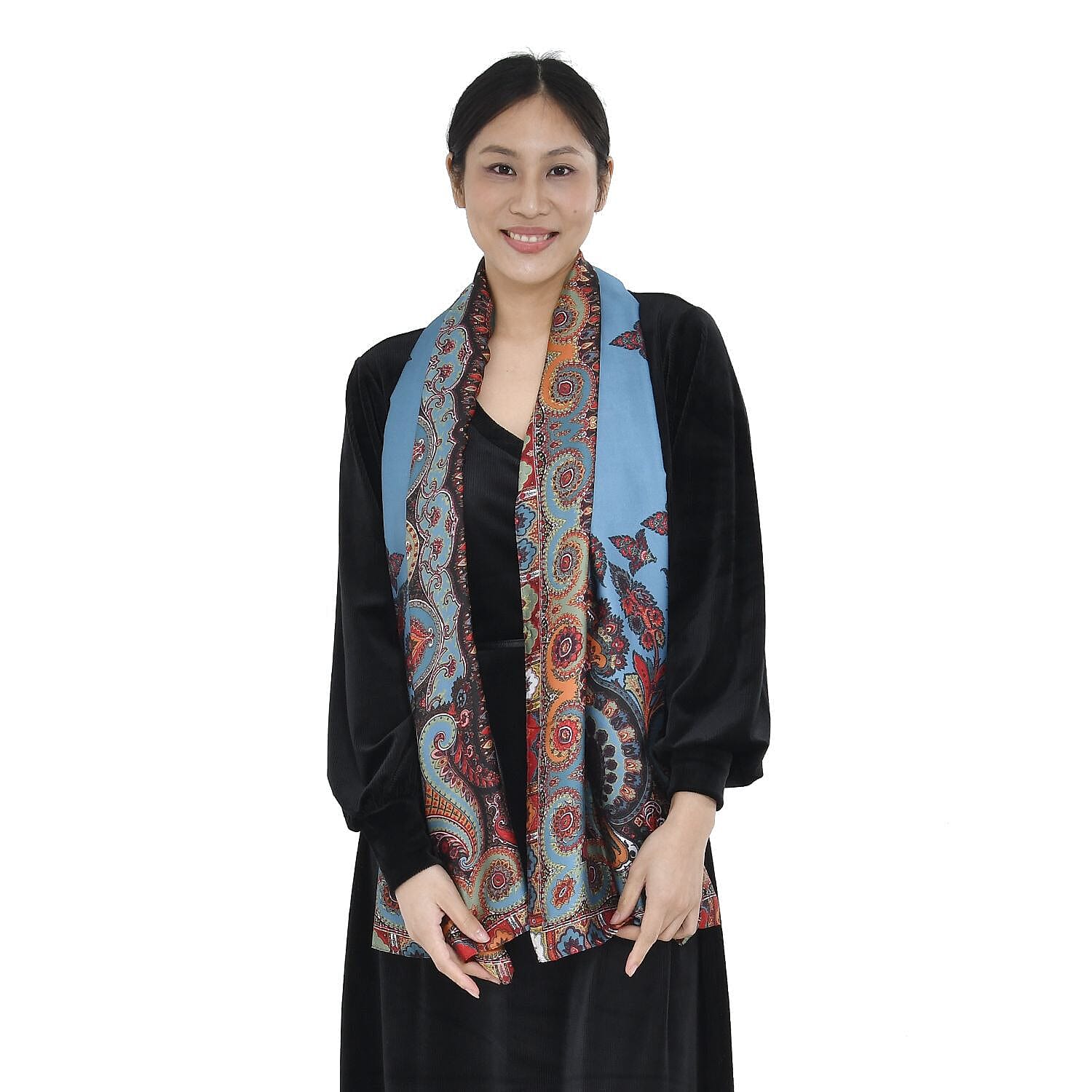 Super Soft Satin Bohemian Scarf with Nut Pattern (Size 180x85 cm) - Teal Blue, Red and Multi