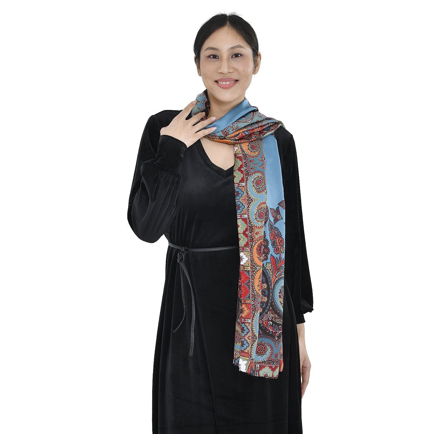 Super Soft Satin Bohemian Scarf with Nut Pattern (Size 180x85 cm) - Teal Blue, Red and Multi