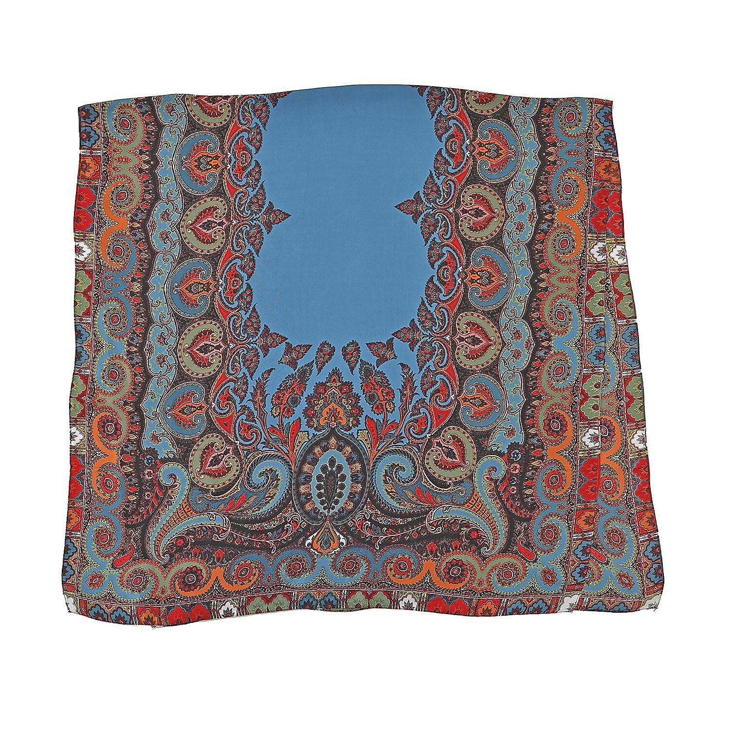 Super Soft Satin Bohemian Scarf with Nut Pattern (Size 180x85 cm) - Teal Blue, Red and Multi
