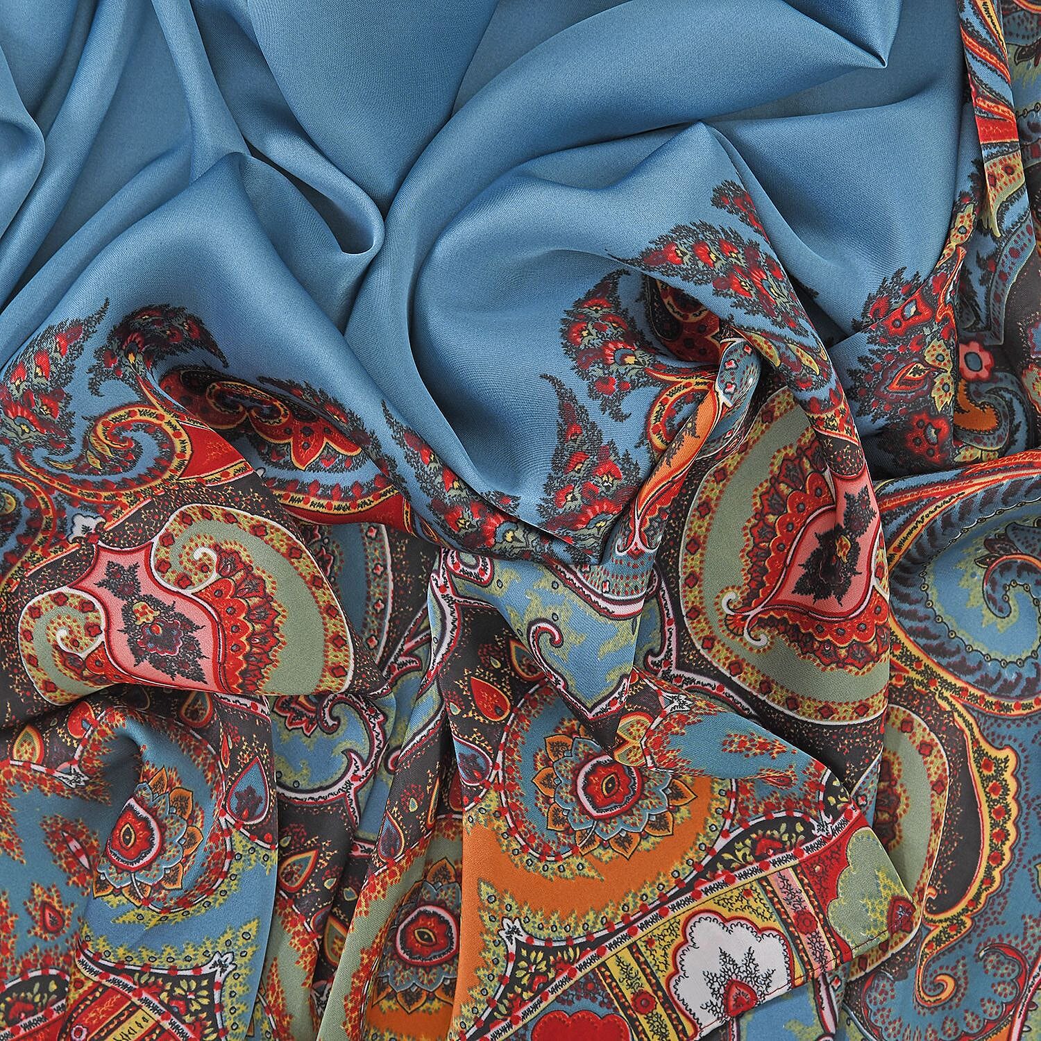 Super Soft Satin Bohemian Scarf with Nut Pattern (Size 180x85 cm) - Teal Blue, Red and Multi