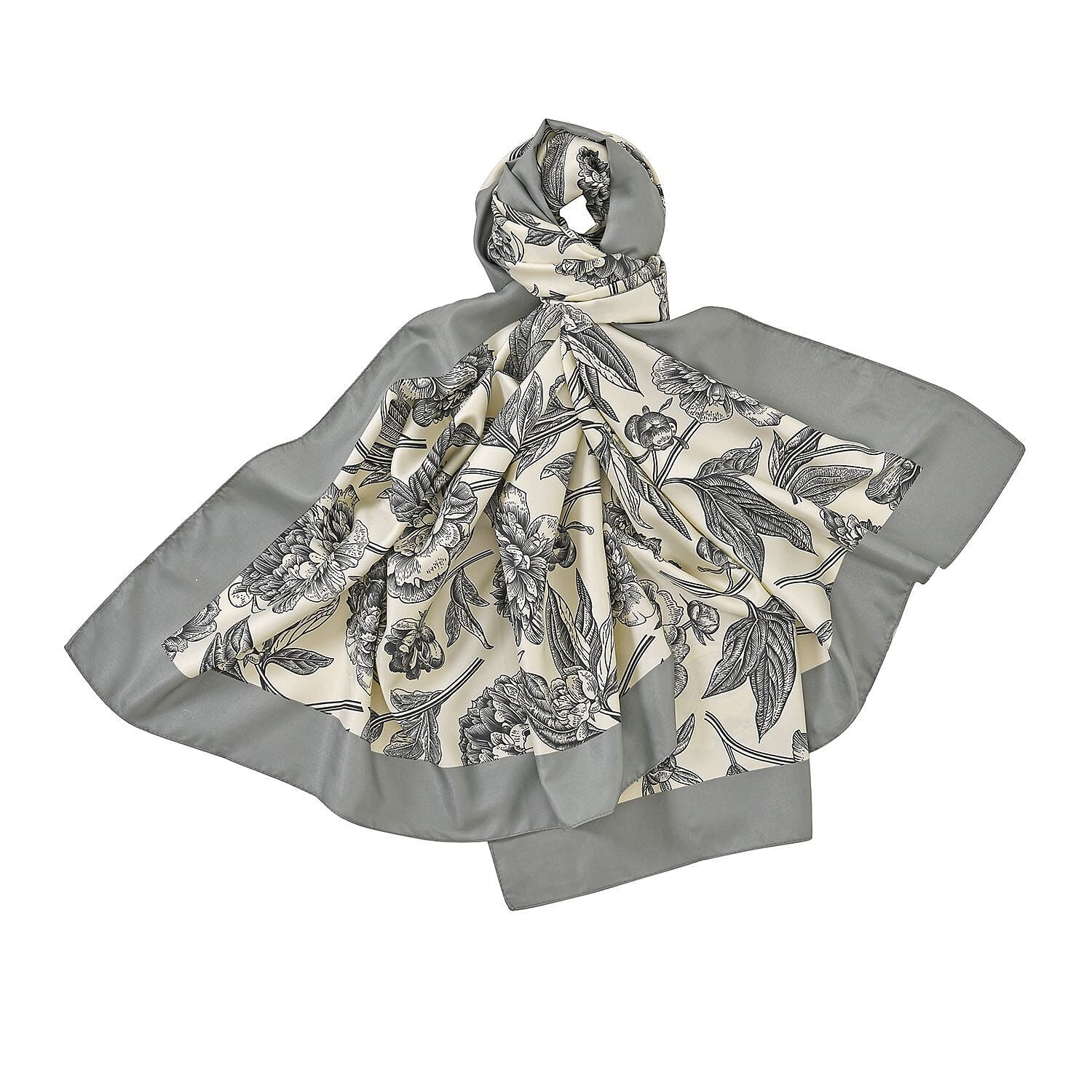 Super Soft Satin Floral Scarf (Size 180x85 cm) - Grey and Cream