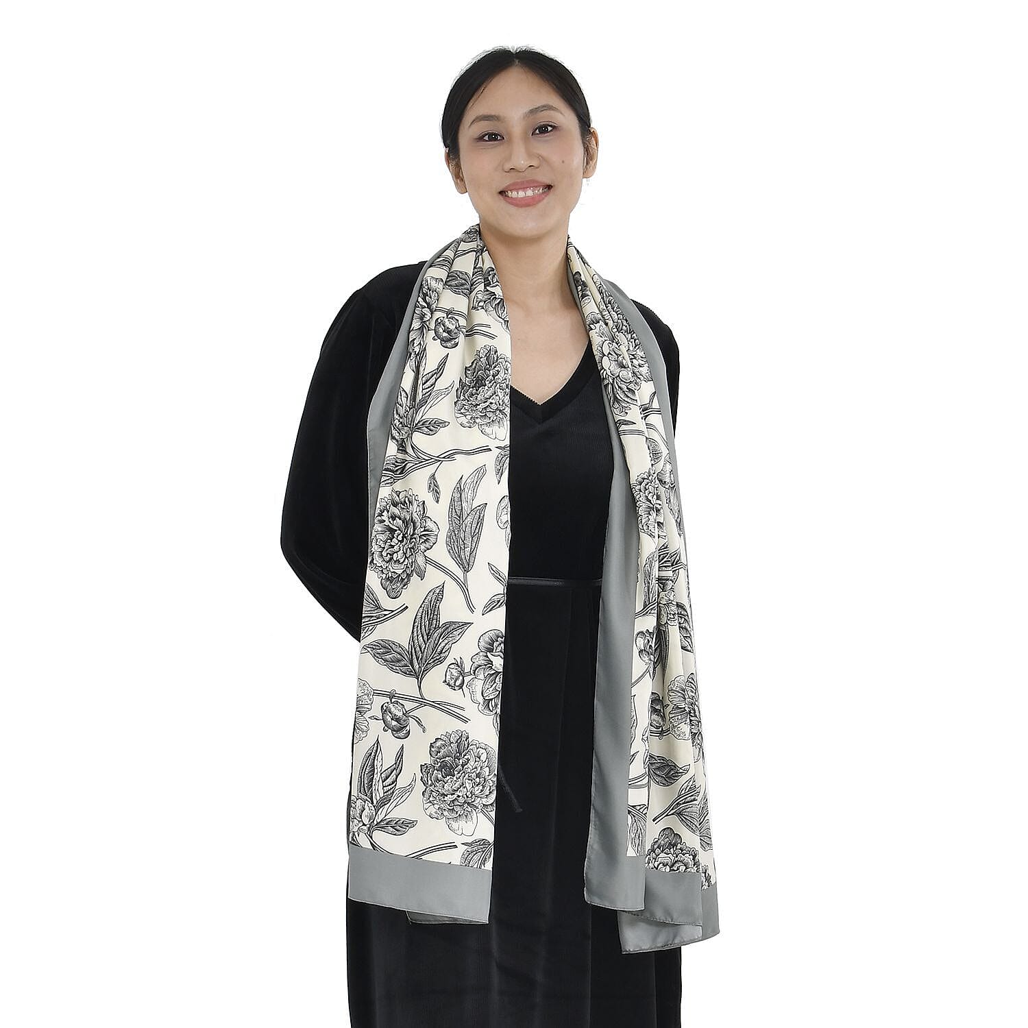 Super Soft Satin Floral Scarf (Size 180x85 cm) - Grey and Cream