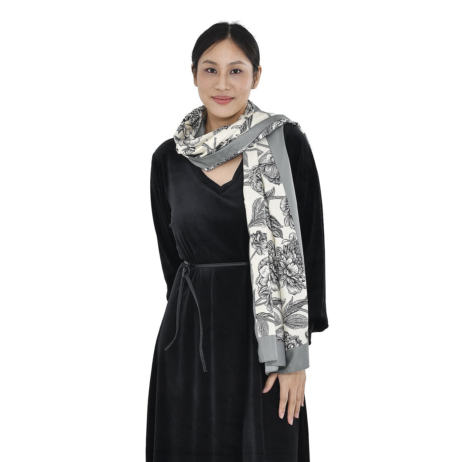 Super Soft Satin Floral Scarf (Size 180x85 cm) - Grey and Cream