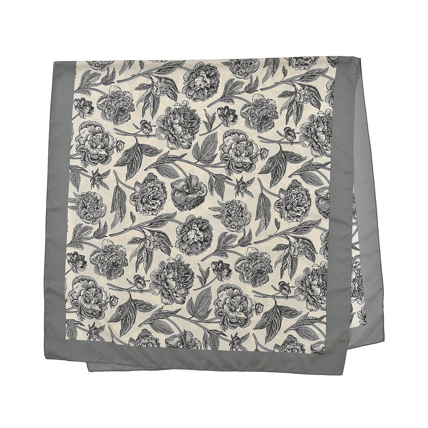 Super Soft Satin Floral Scarf (Size 180x85 cm) - Grey and Cream