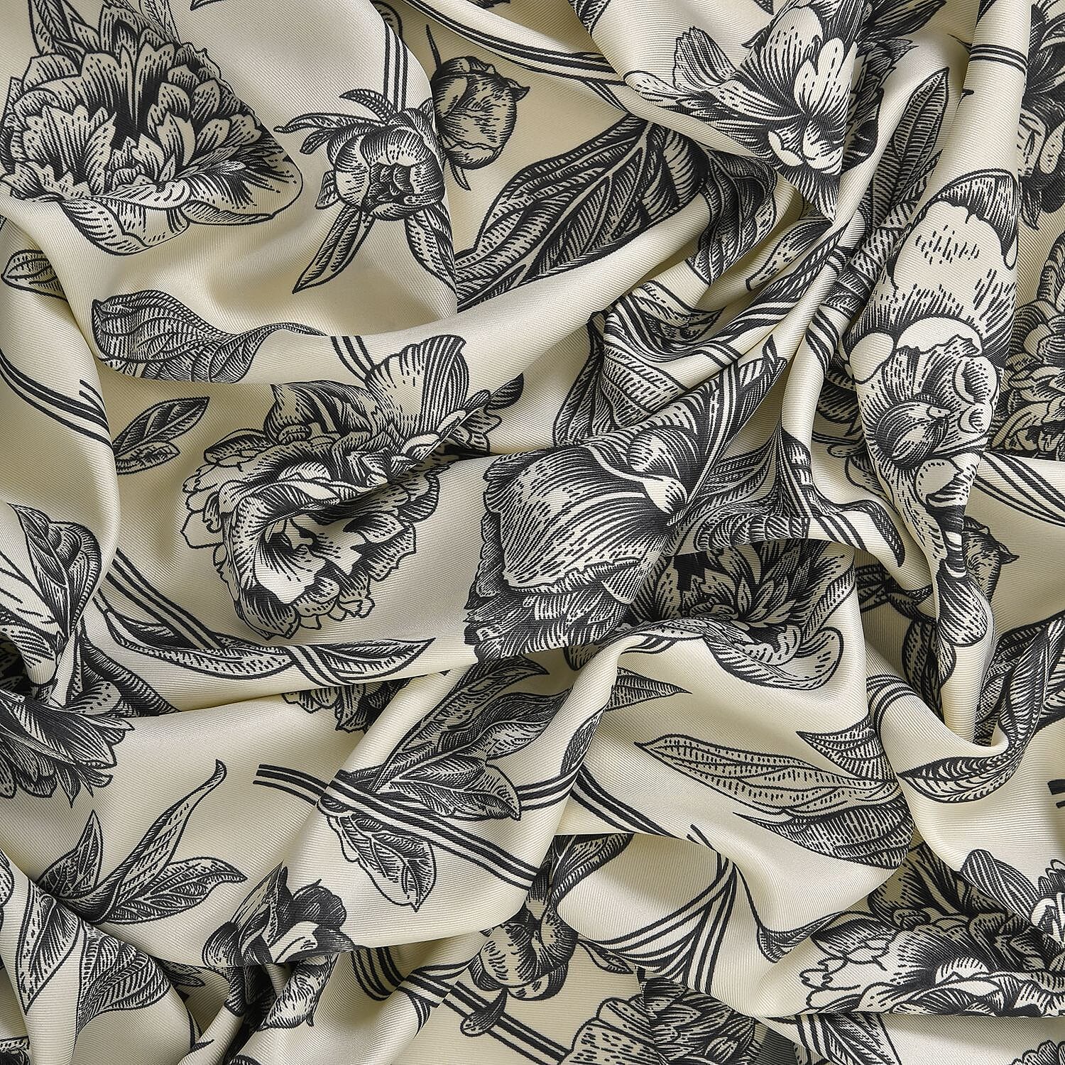 Super Soft Satin Floral Scarf (Size 180x85 cm) - Grey and Cream