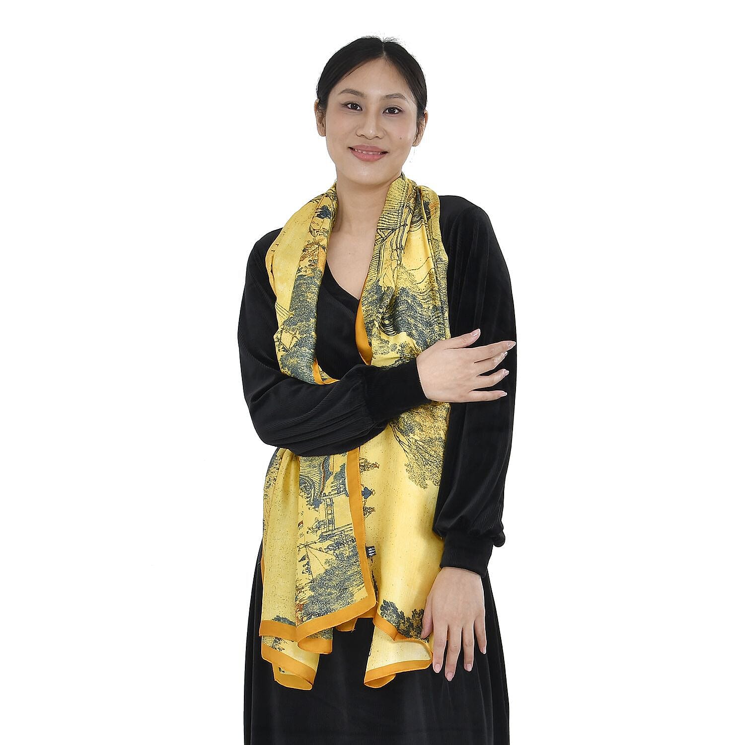 Super Soft Satin Scarf with Tree Pattern (Size 180x85 cm) - Mustard and Blue