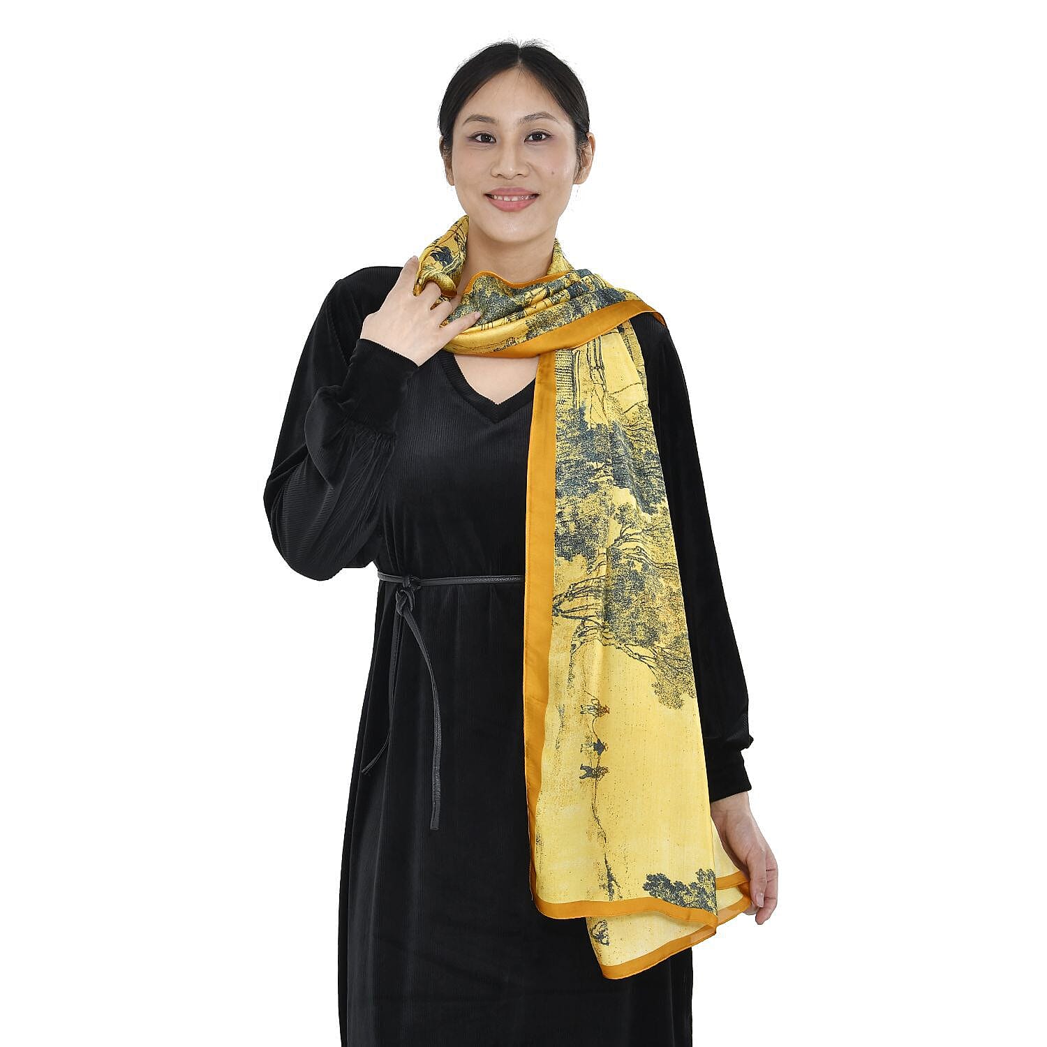 Super Soft Satin Scarf with Tree Pattern (Size 180x85 cm) - Mustard and Blue