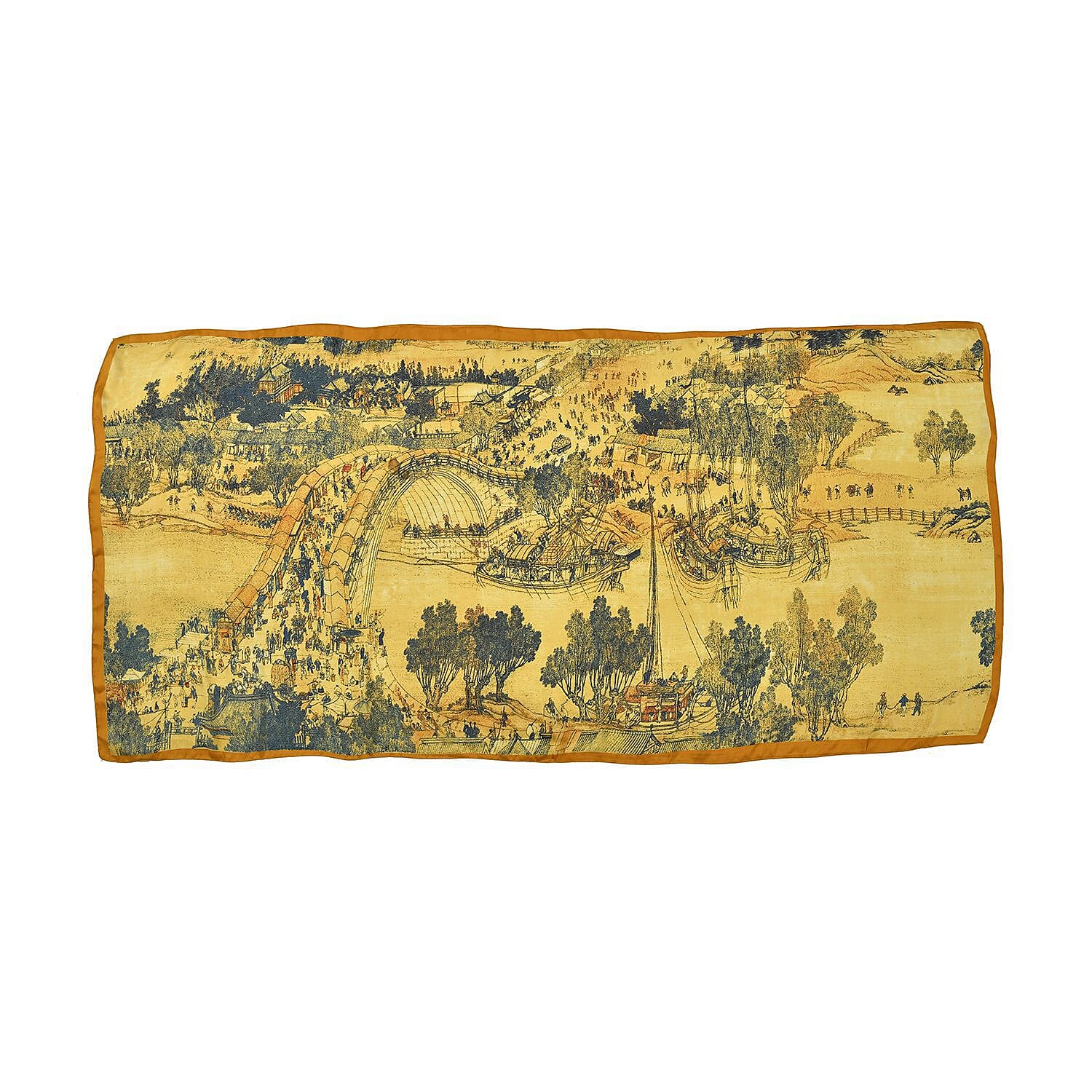 Super Soft Satin Scarf with Tree Pattern (Size 180x85 cm) - Mustard and Blue