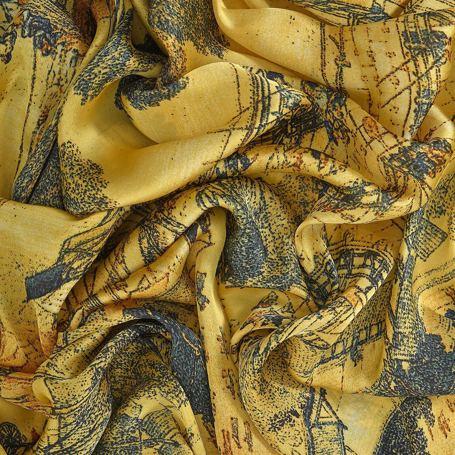 Super Soft Satin Scarf with Tree Pattern (Size 180x85 cm) - Mustard and Blue