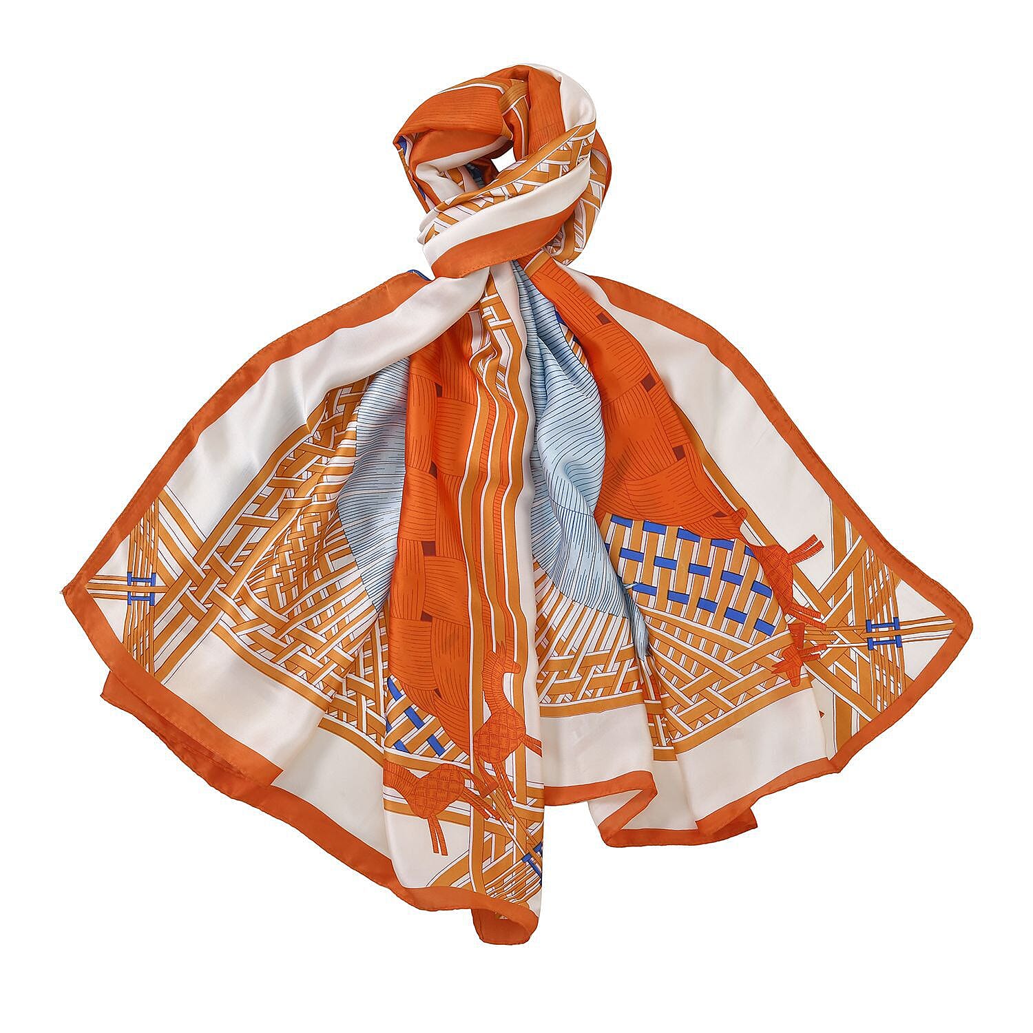 Super Soft Satin Scarf with Horse Pattern (Size 180x85 cm) - Orange & Blue