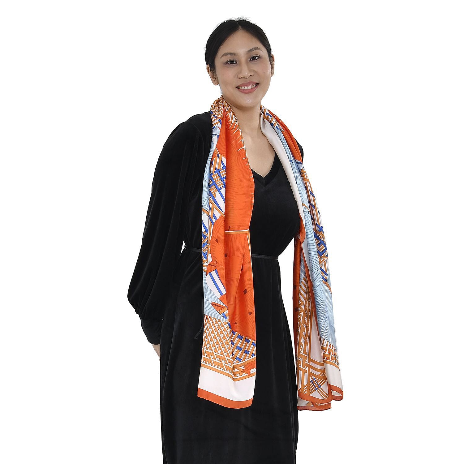 Super Soft Satin Scarf with Horse Pattern (Size 180x85 cm) - Orange & Blue