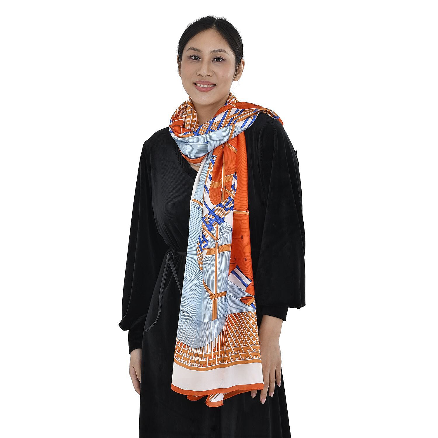 Super Soft Satin Scarf with Horse Pattern (Size 180x85 cm) - Orange & Blue