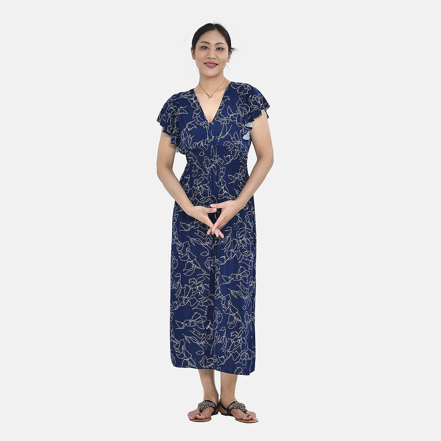 Tamsy Waist Maxi Dress with Flutter Sleeve (Size 125x30 cm) - Navy & Red