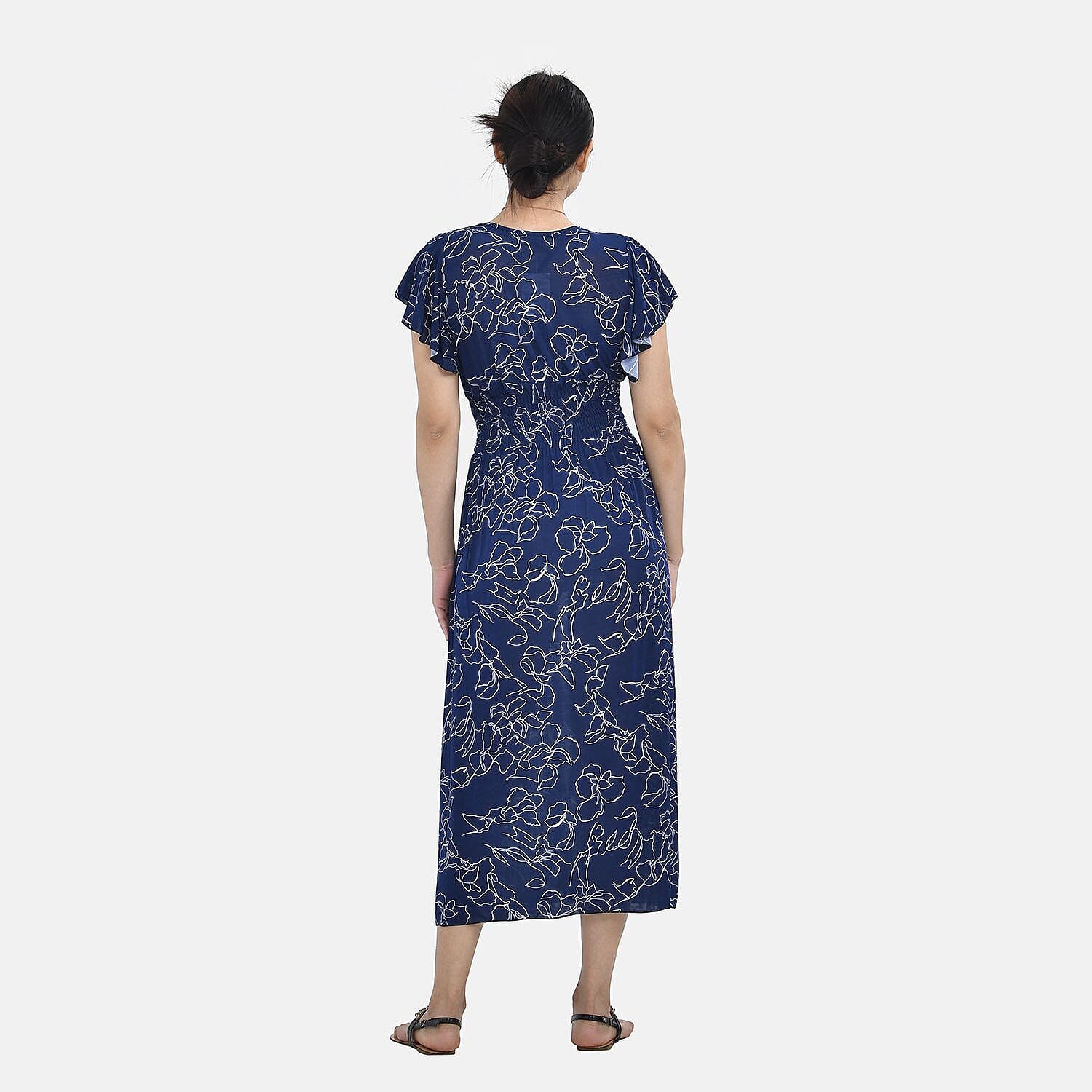 Tamsy Waist Maxi Dress with Flutter Sleeve (Size 125x30 cm) - Navy & Red