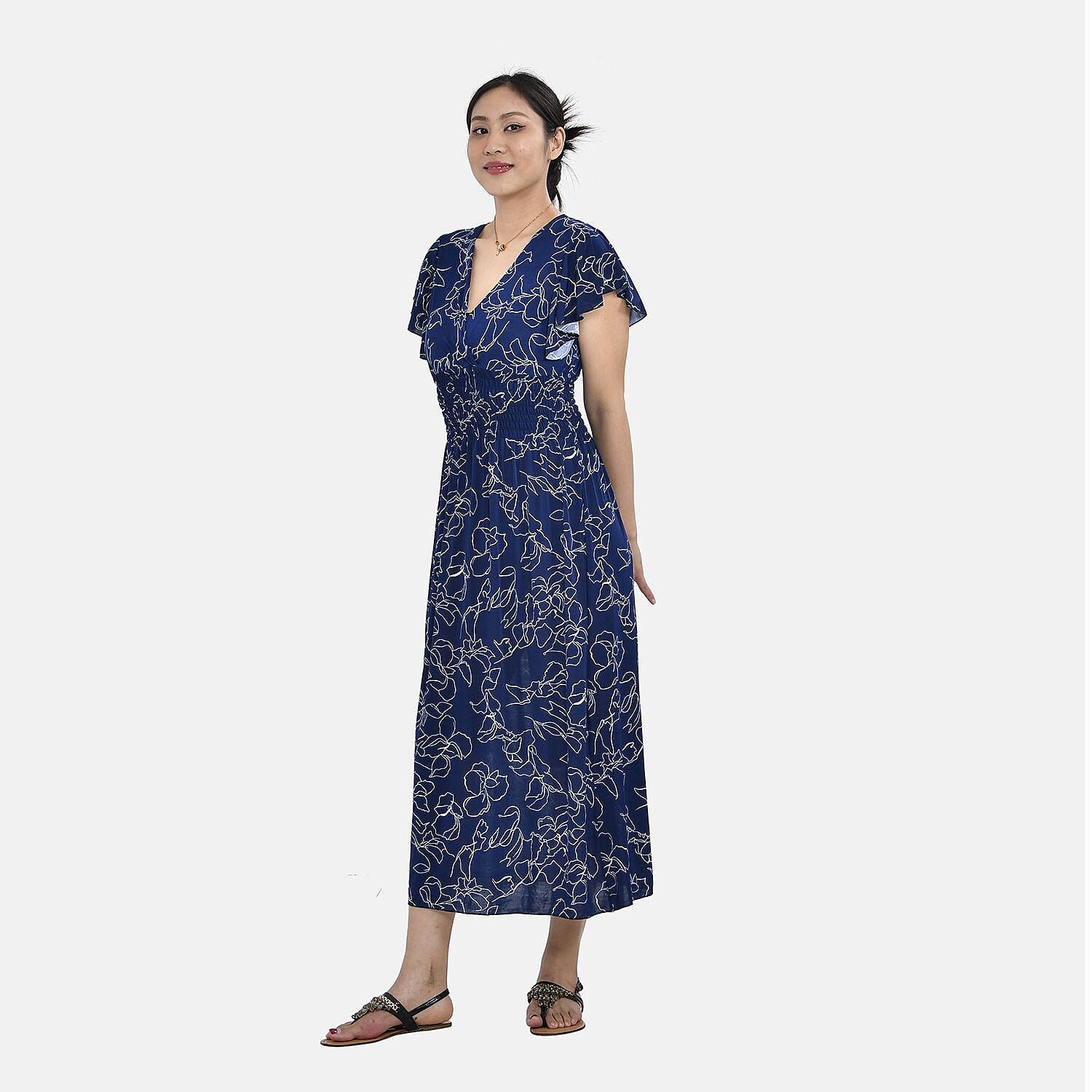 Tamsy Waist Maxi Dress with Flutter Sleeve (Size 125x30 cm) - Navy & Red