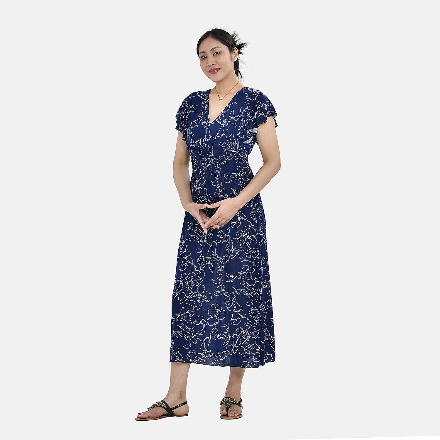 Tamsy Waist Maxi Dress with Flutter Sleeve (Size 125x30 cm) - Navy & Red