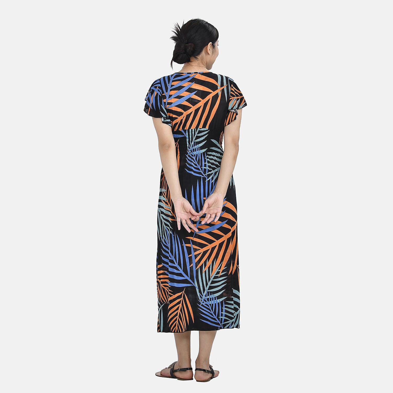 Tamsy Waist Maxi Dress with Flutter Sleeve (Size 125x30 cm) - Navy & Red