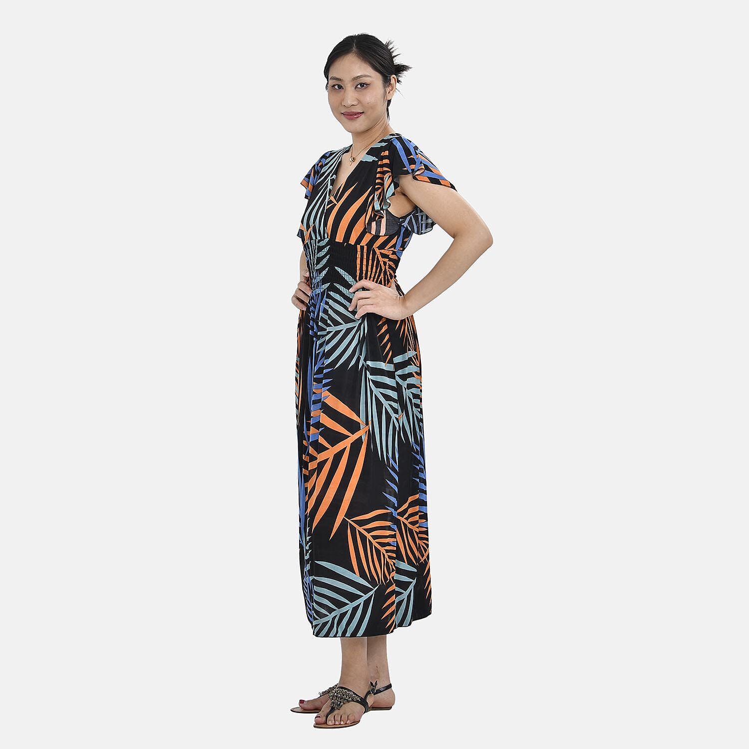 Tamsy Waist Maxi Dress with Flutter Sleeve (Size 125x30 cm) - Navy & Red