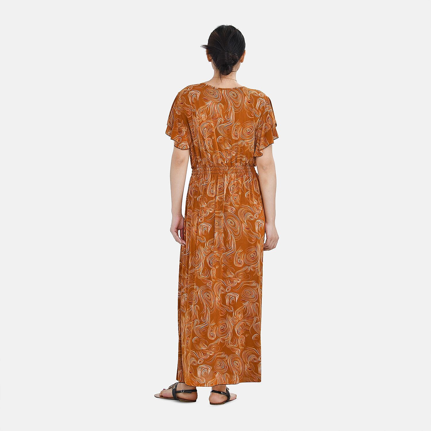 Tamsy Floral Pattern Maxi Dress with Flutter Sleeves (Size 125x30 cm) - Tan & White