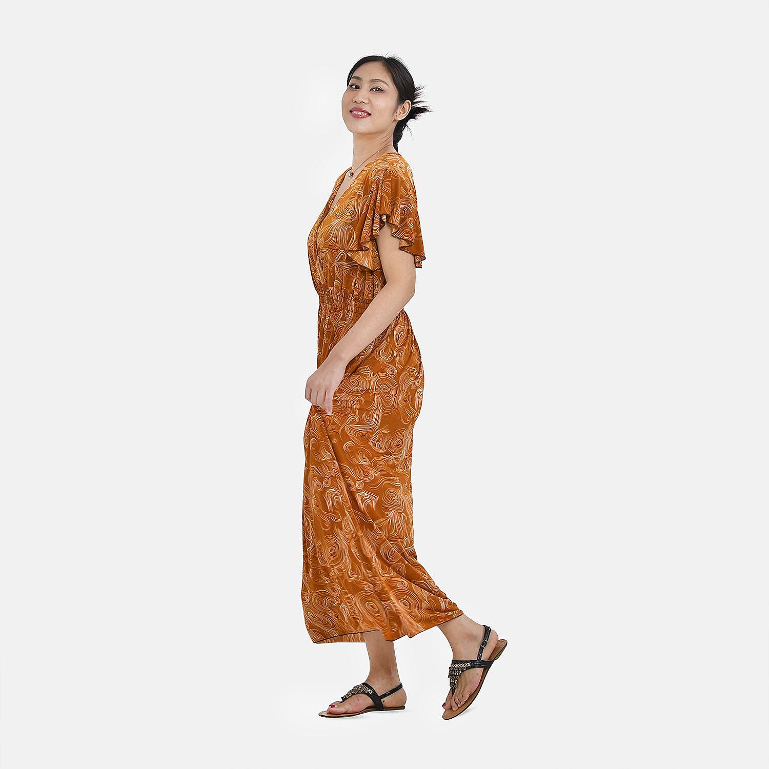 Tamsy Floral Pattern Maxi Dress with Flutter Sleeves (Size 125x30 cm) - Tan & White