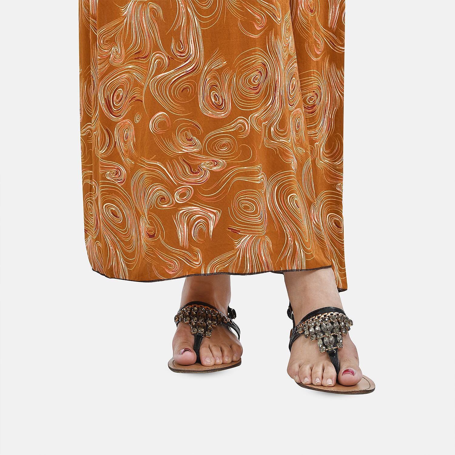 Tamsy Floral Pattern Maxi Dress with Flutter Sleeves (Size 125x30 cm) - Tan & White