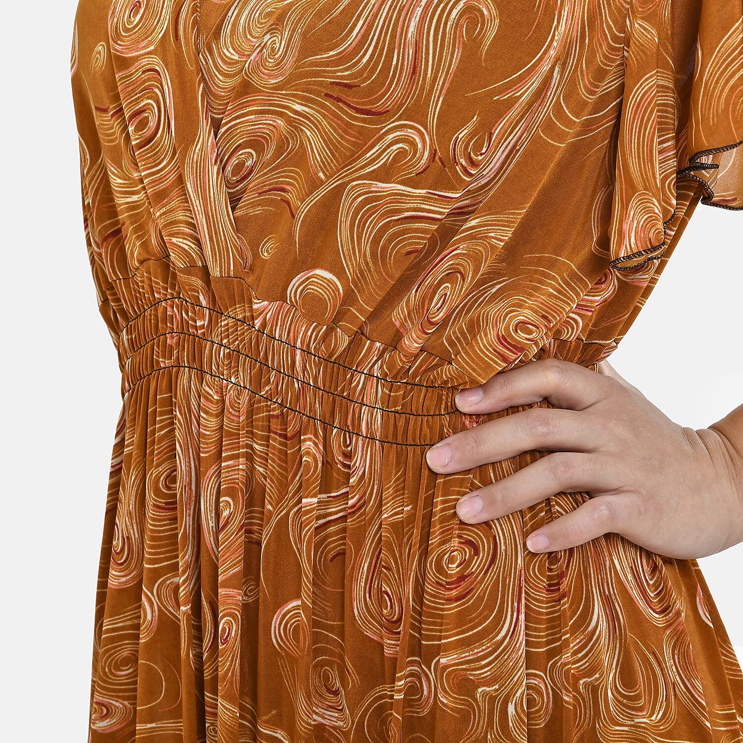 Tamsy Floral Pattern Maxi Dress with Flutter Sleeves (Size 125x30 cm) - Tan & White