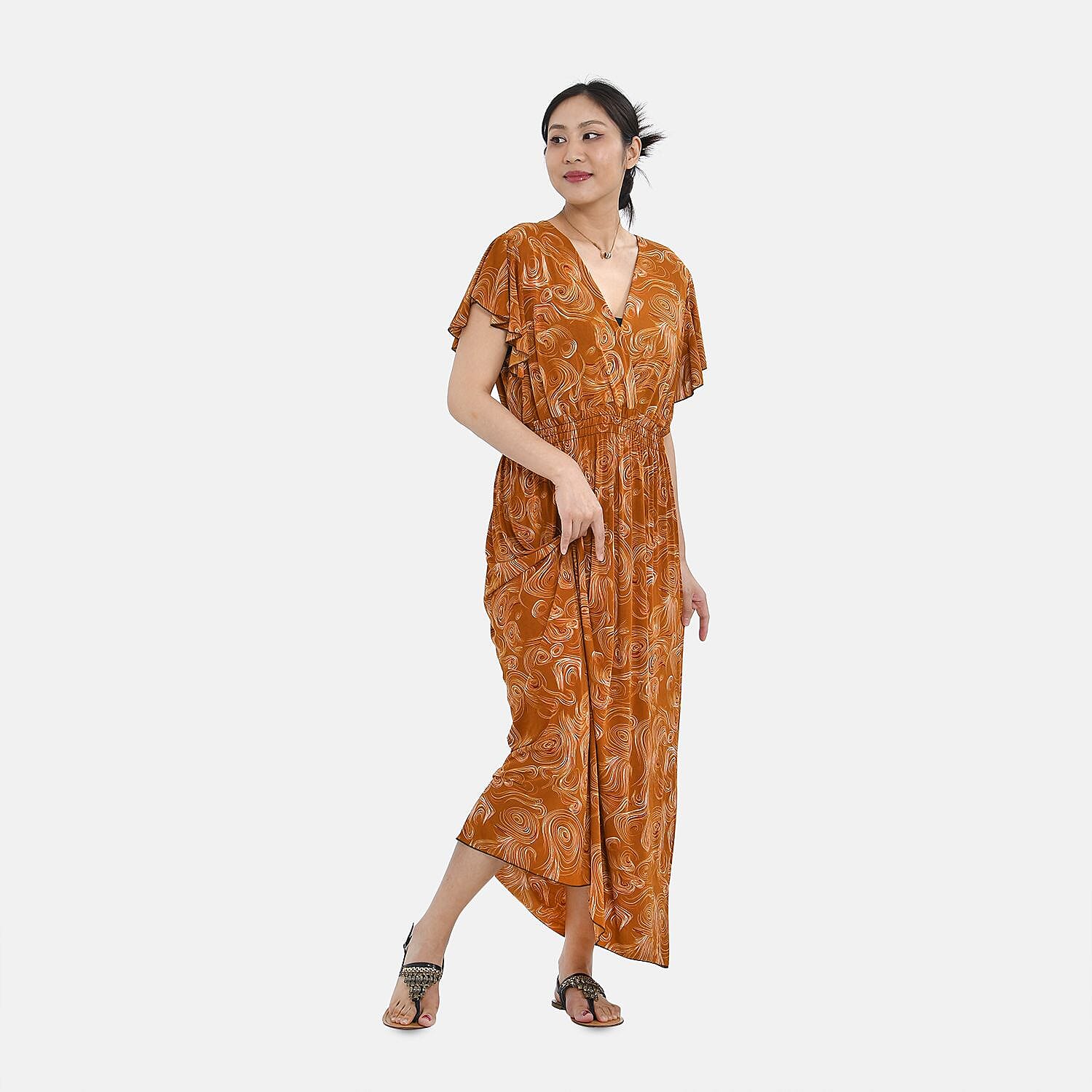 Tamsy Floral Pattern Maxi Dress with Flutter Sleeves (One Size Curve,20-26) - Tan & White