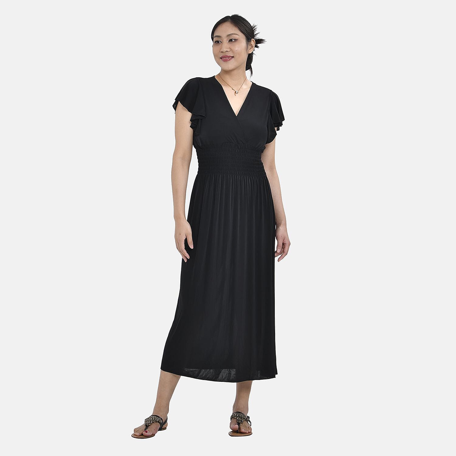 Tamsy Waist Maxi Solid Dress with Flutter Sleeves (Curve Size 18-24) - Black