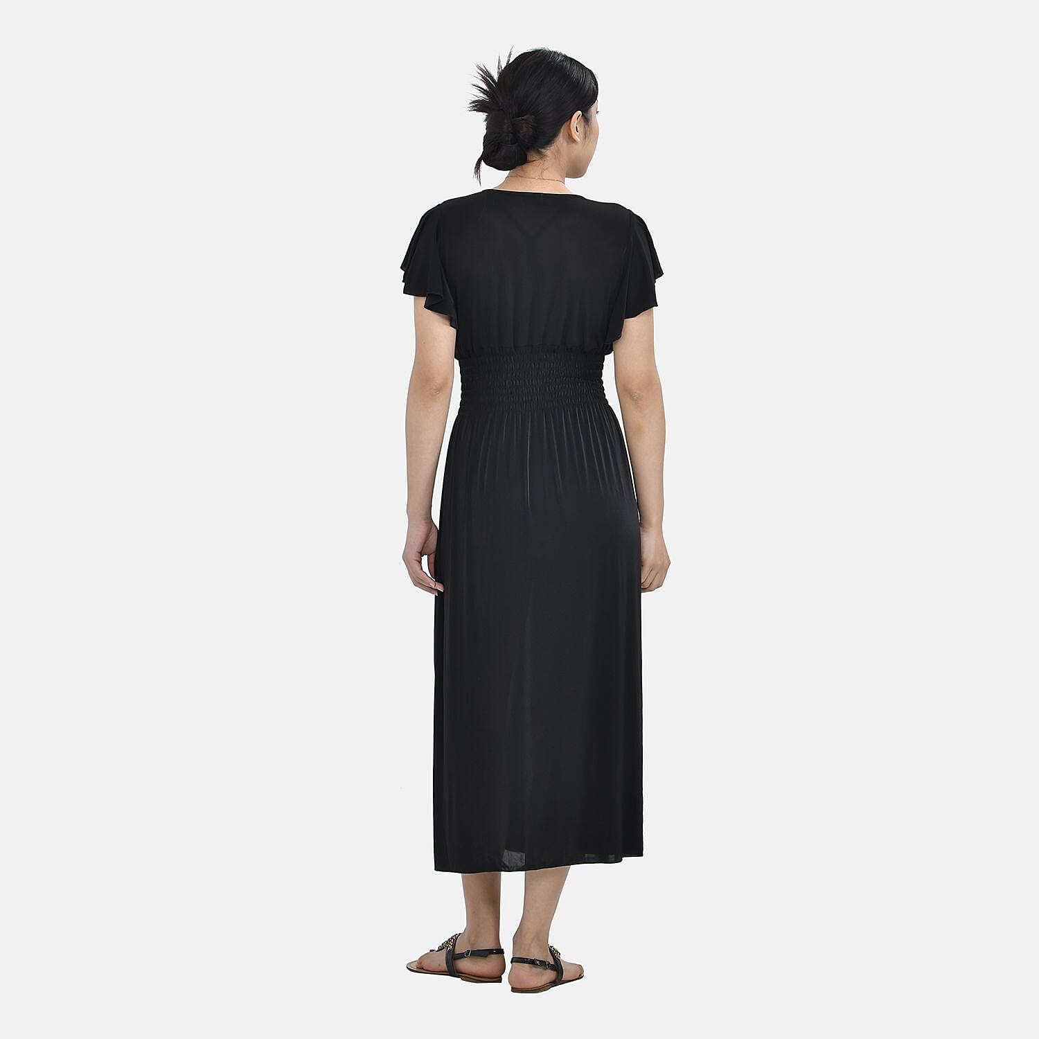 Tamsy Waist Maxi Solid Dress with Flutter Sleeves (Curve Size 18-24) - Black