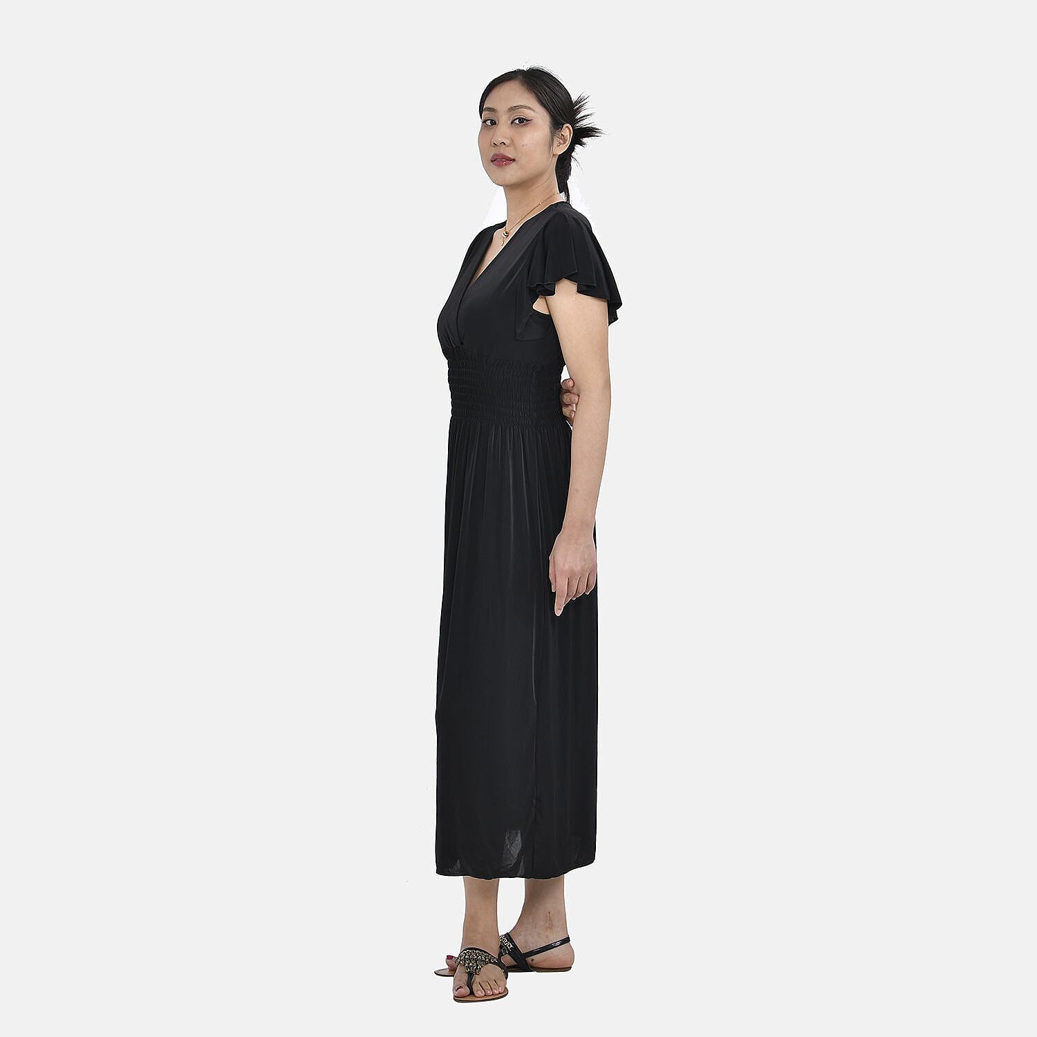 Tamsy Waist Maxi Solid Dress with Flutter Sleeves (Curve Size 18-24) - Black