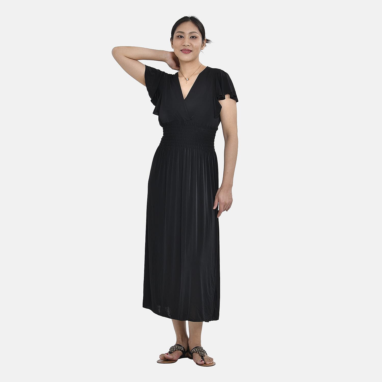 Tamsy Waist Maxi Solid Dress with Flutter Sleeves (Curve Size 18-24) - Black