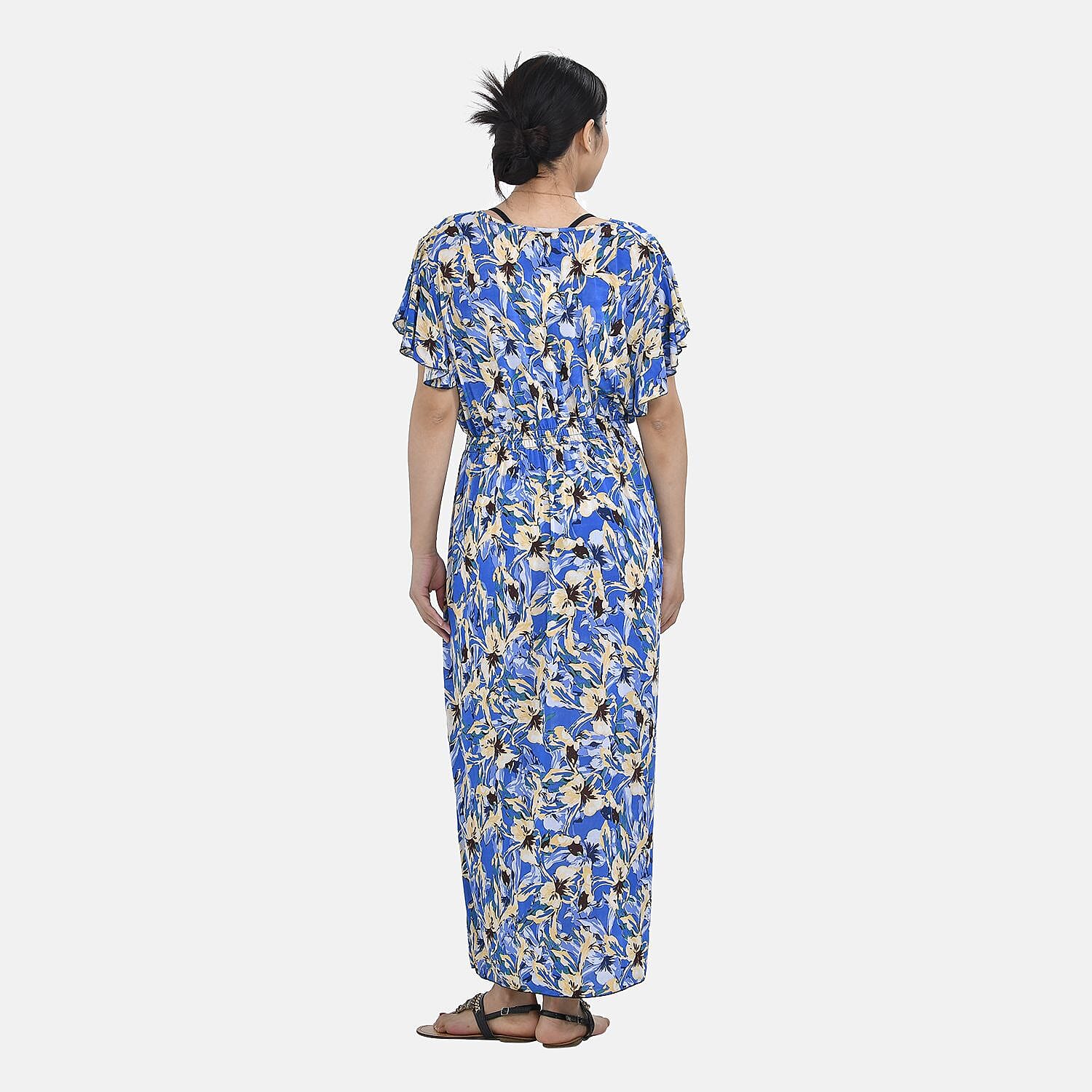 Tamsy Waist Maxi Dress with Flutter Sleeve (Size 125x30 cm) - Navy & Red