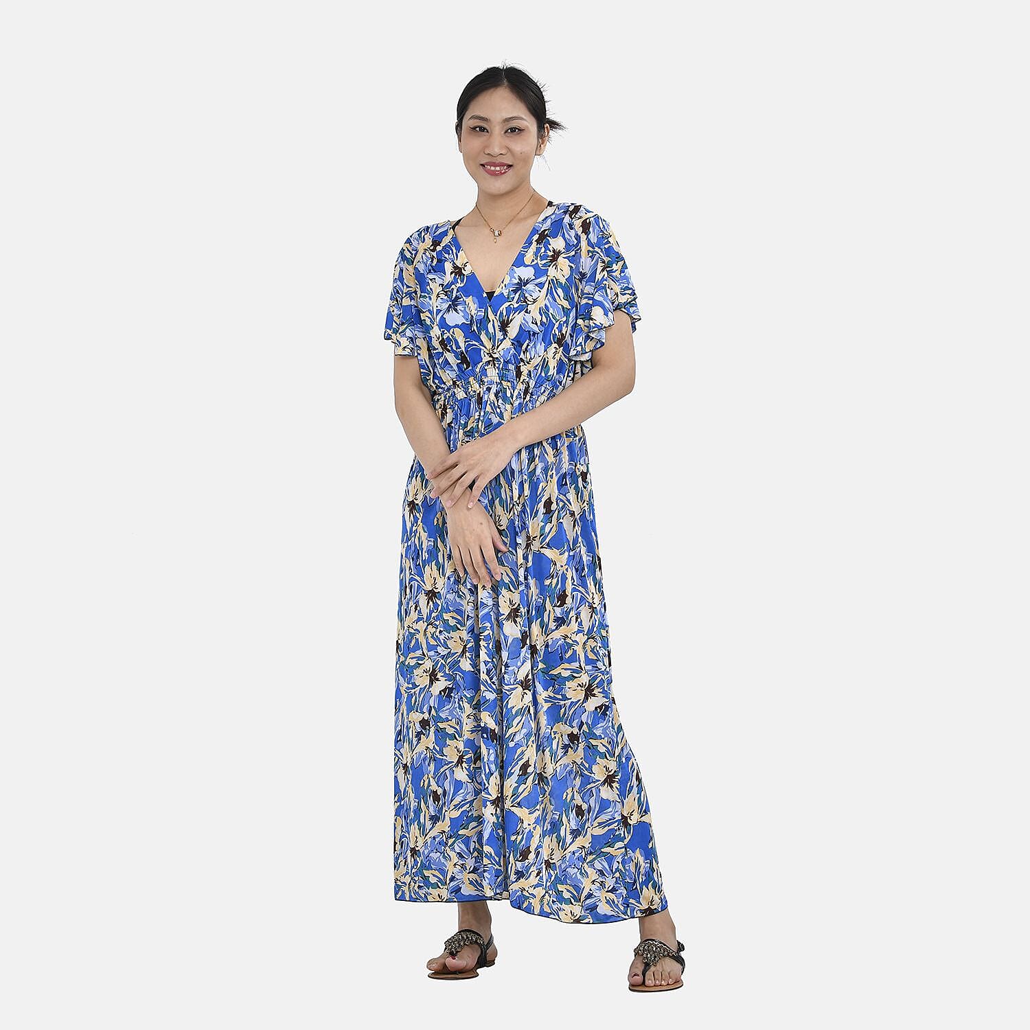 Tamsy Waist Maxi Dress with Flutter Sleeve (Size 125x30 cm) - Navy & Red